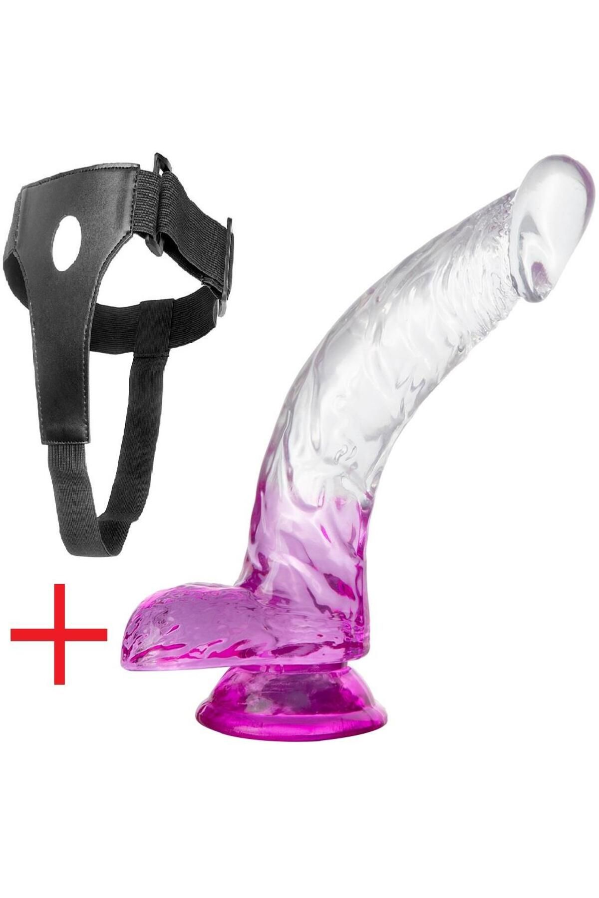 Şeffaf Mor Jel Dokuda Kemerli 20 Cm Testisli Belden Bağlamalı Vantuzlu Realistik Takma Dildo Penis