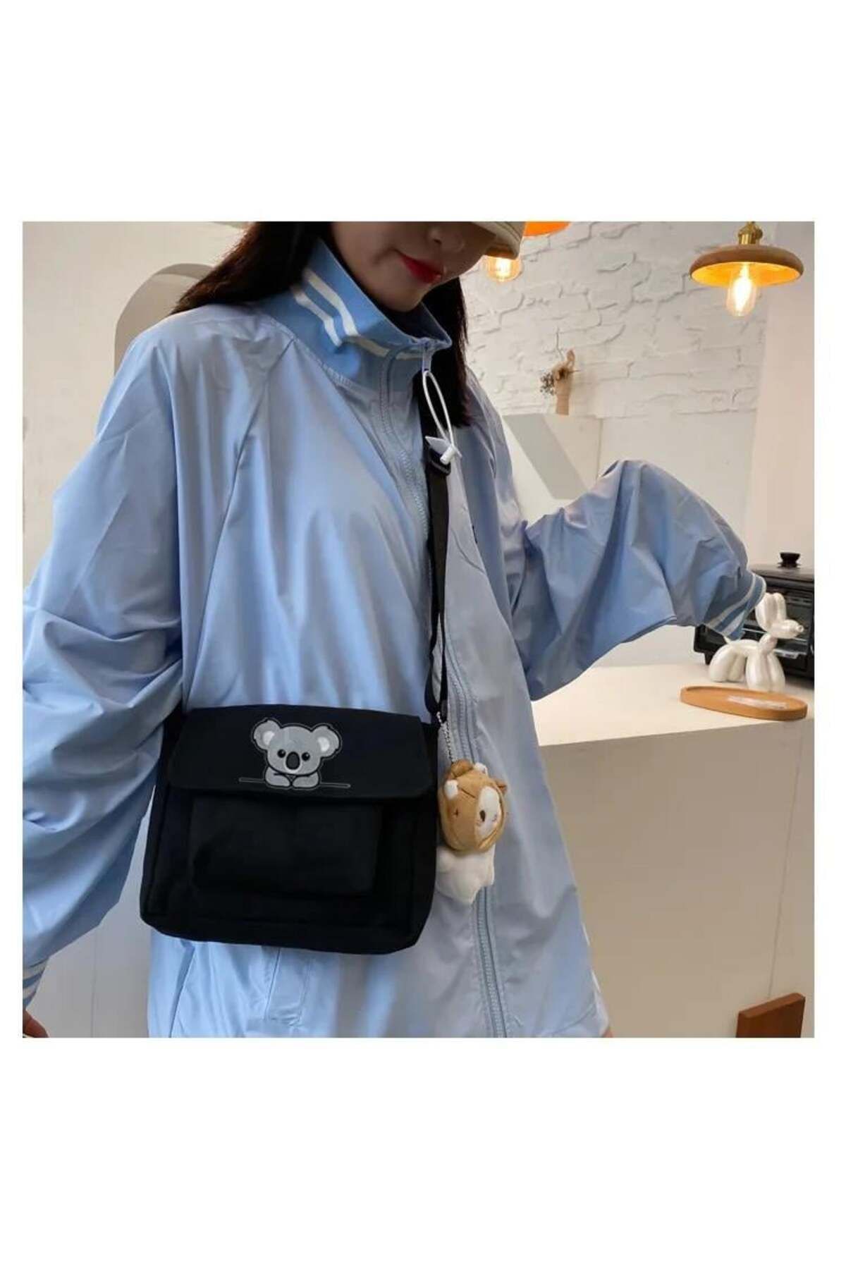 DEEFWEAR Geantă De Umăr Neagră Din Pânză Unisex Cu Imprimeu Stillex Baby Koala Cu Detaliu De Buzunar Unisex - One Size