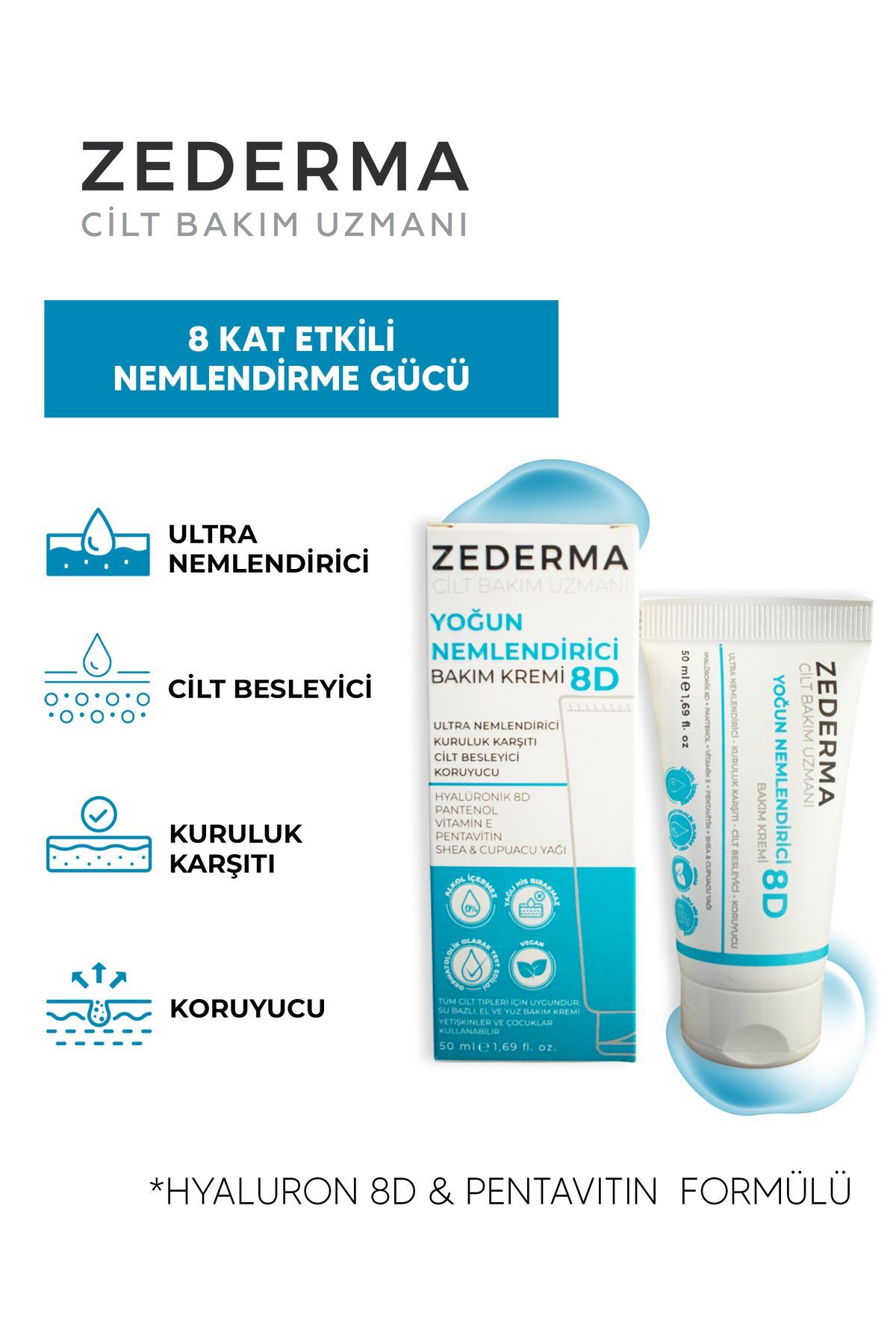 کرم مراقبت از پوست مرطوب کننده شدید 8d 50ml. قابل اجرا تا 72 ساعت ZEDERMA