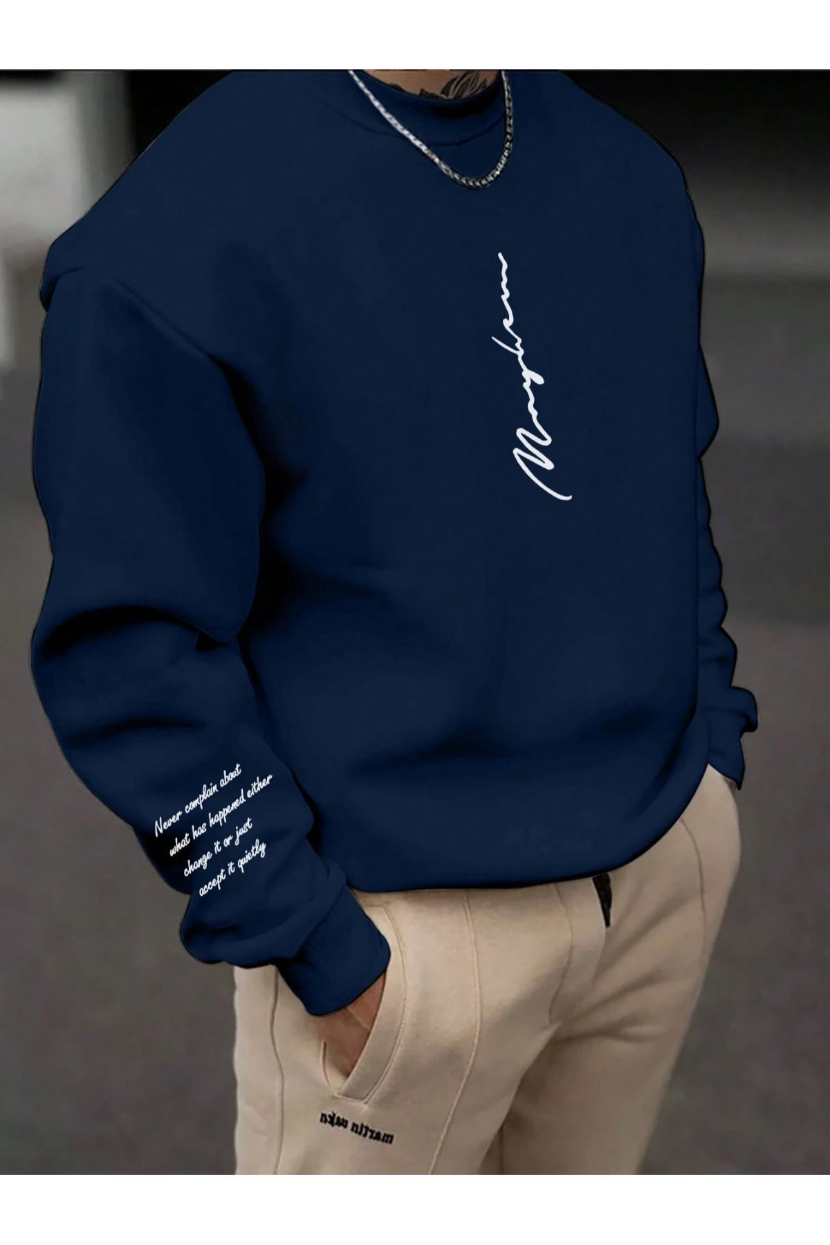 mens crew neck slogan printed oversised navy blue sweatshirt