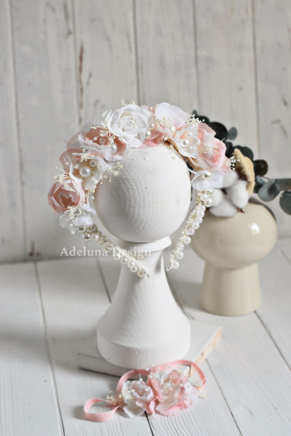 Tasarım Somon Incili ve çiçekli lohusa tacı anne bebek takım fotoğrafı 2 (önizleme)