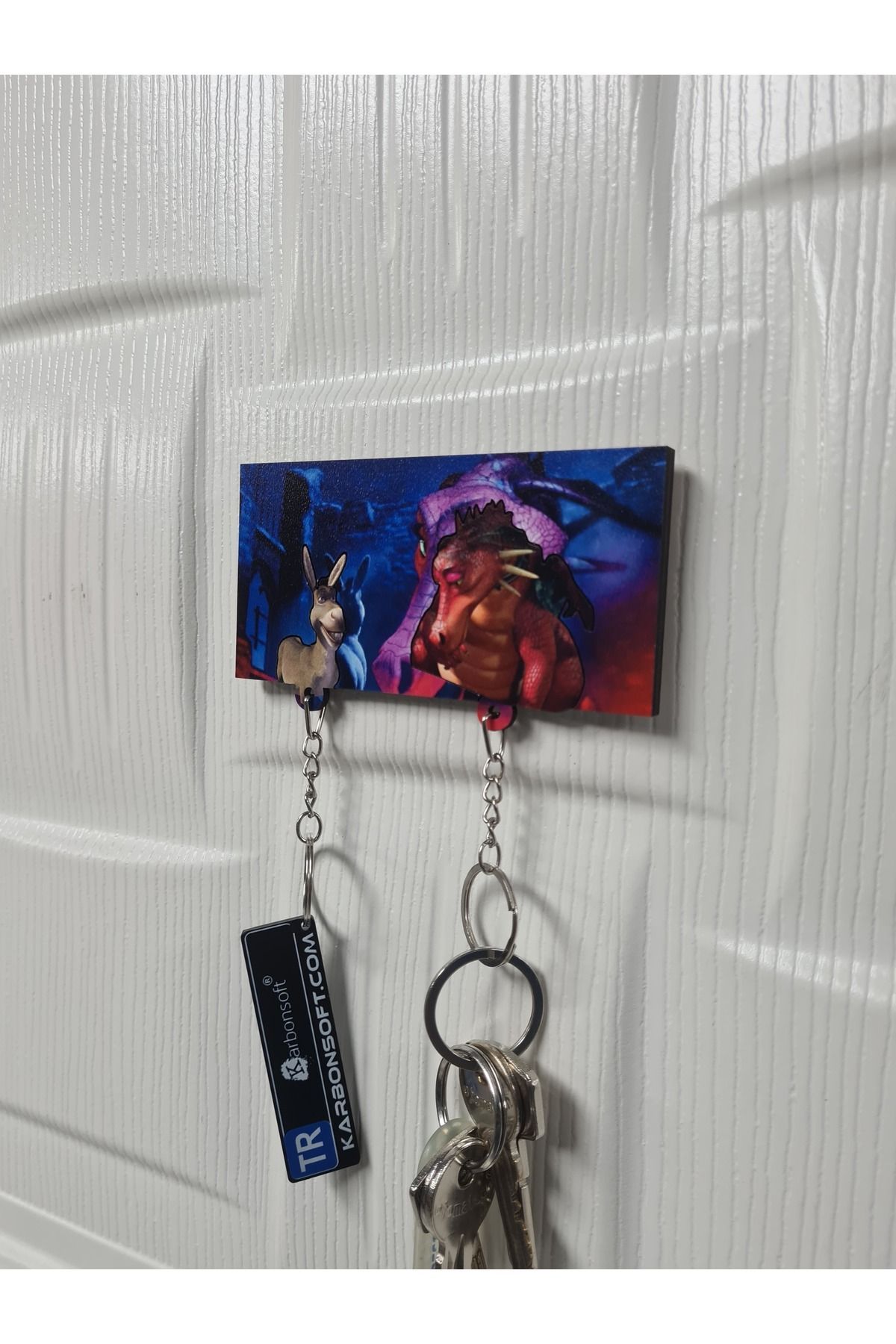 karbonsoft-Shrek World Themed Purple Dragon and Castle Wooden Keychain - Donkey and Dragon 2