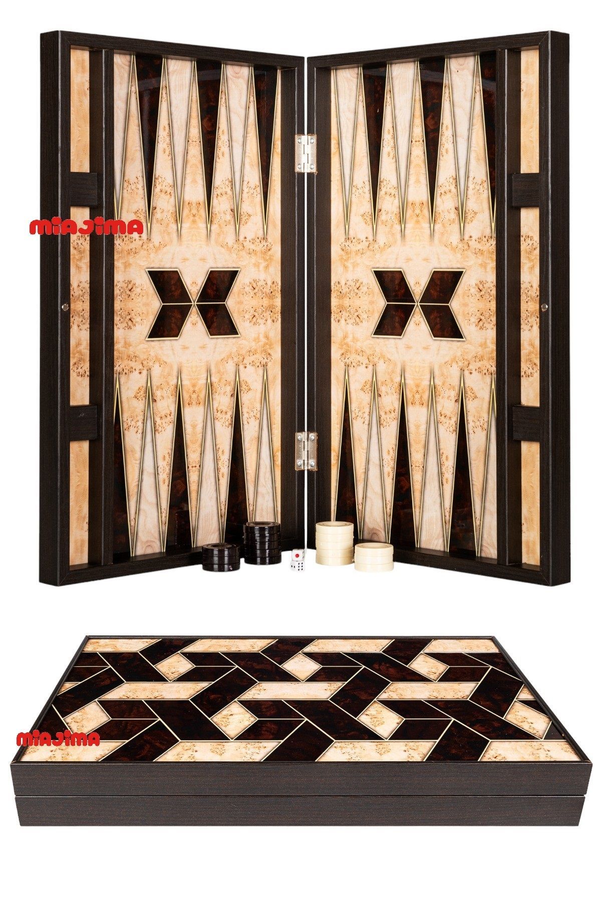 Miajima-Geometric Patterned Walnut Trendy Backgammon Set with Flake Tank Large Size 1