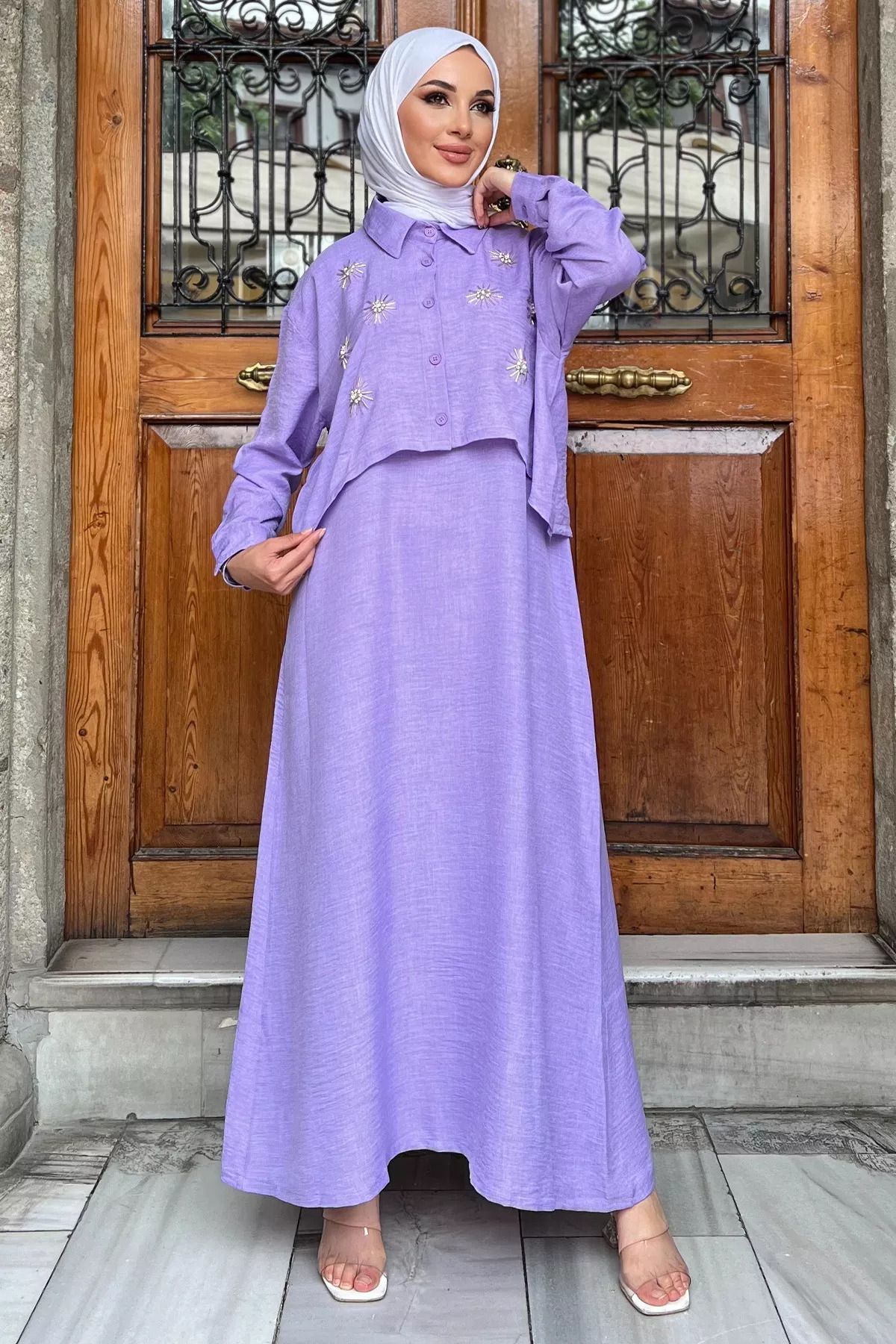 julude-Lilac Hijab Double Set - Embroidered Shirt 2
