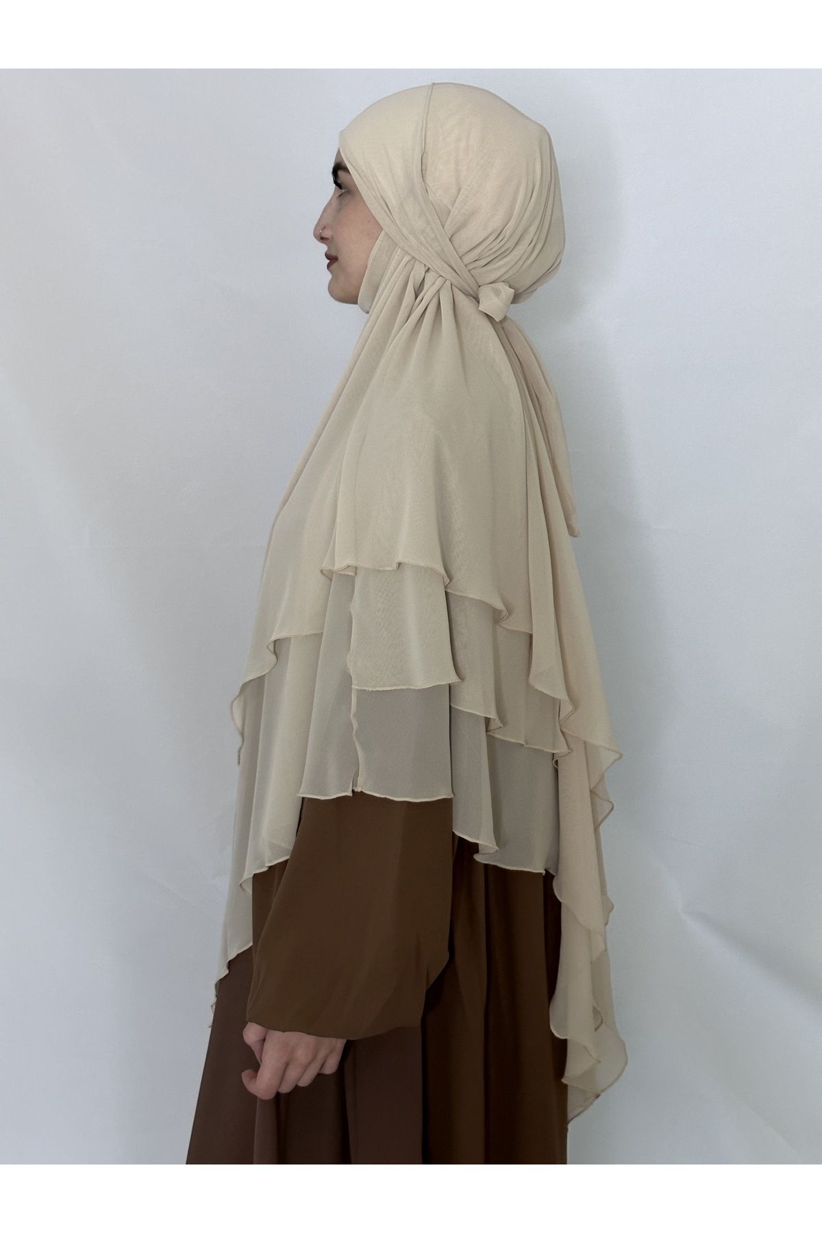 R&S modibone-Beige Colored Three-Layer Multi-Siphon Souffle Scarf - Kimar and Lace-Up Scarf with Veil 4