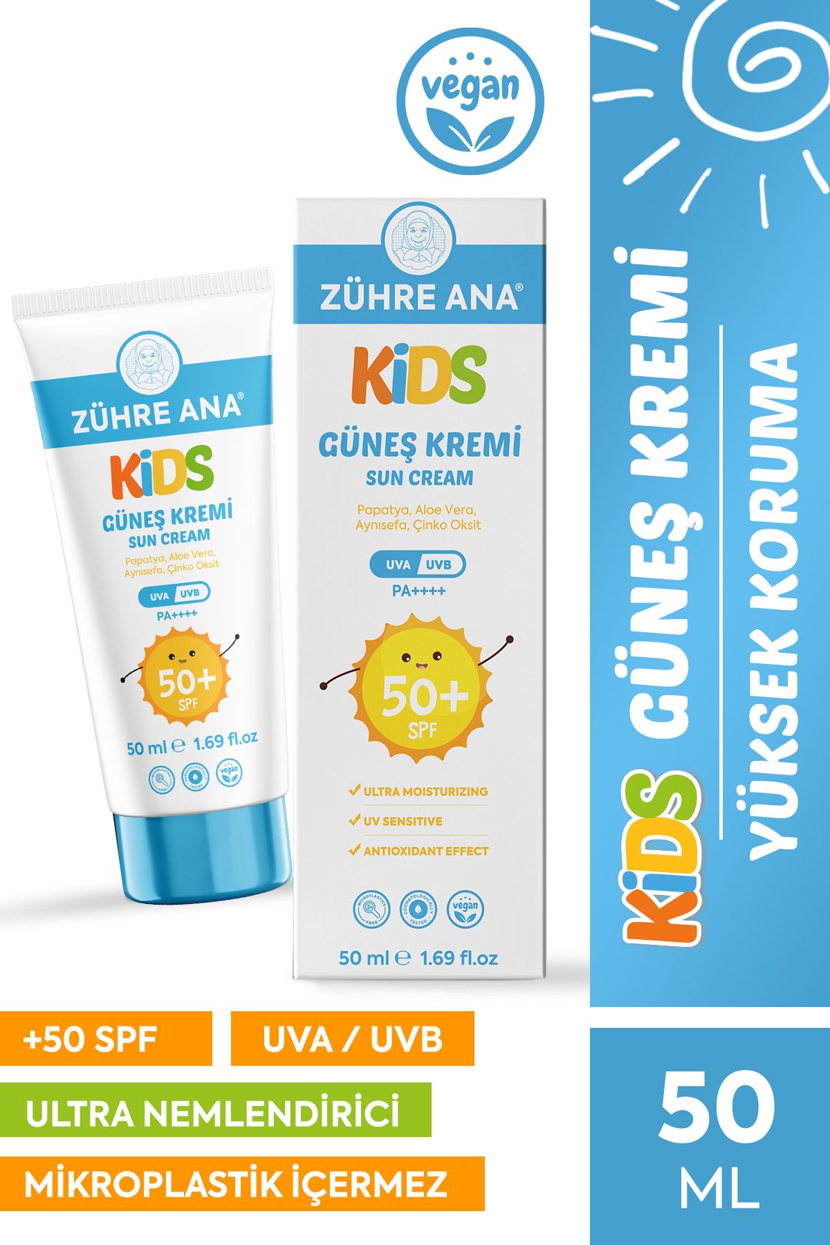 Zühre Ana Kids Çocuk Güneş Kremi Spf 50+ UVA UVB Leke Karşıtı Yüksek Koruma + E Vitamini 50 Ml