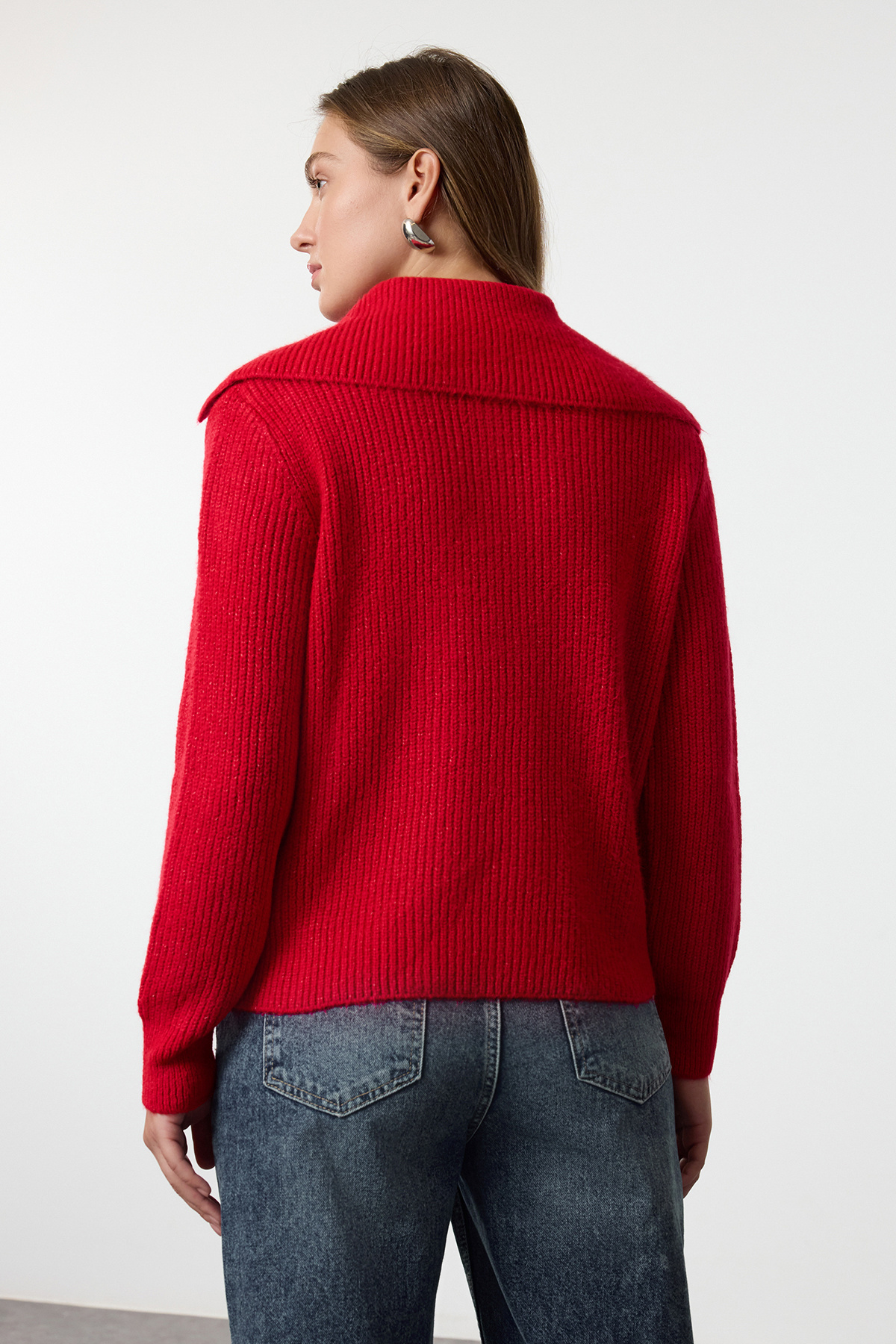 Trendyol Collection-Red Wool Wide Fit Polo Neck Zip-Up Knitwear Sweater Twoaw25Kz00011 5
