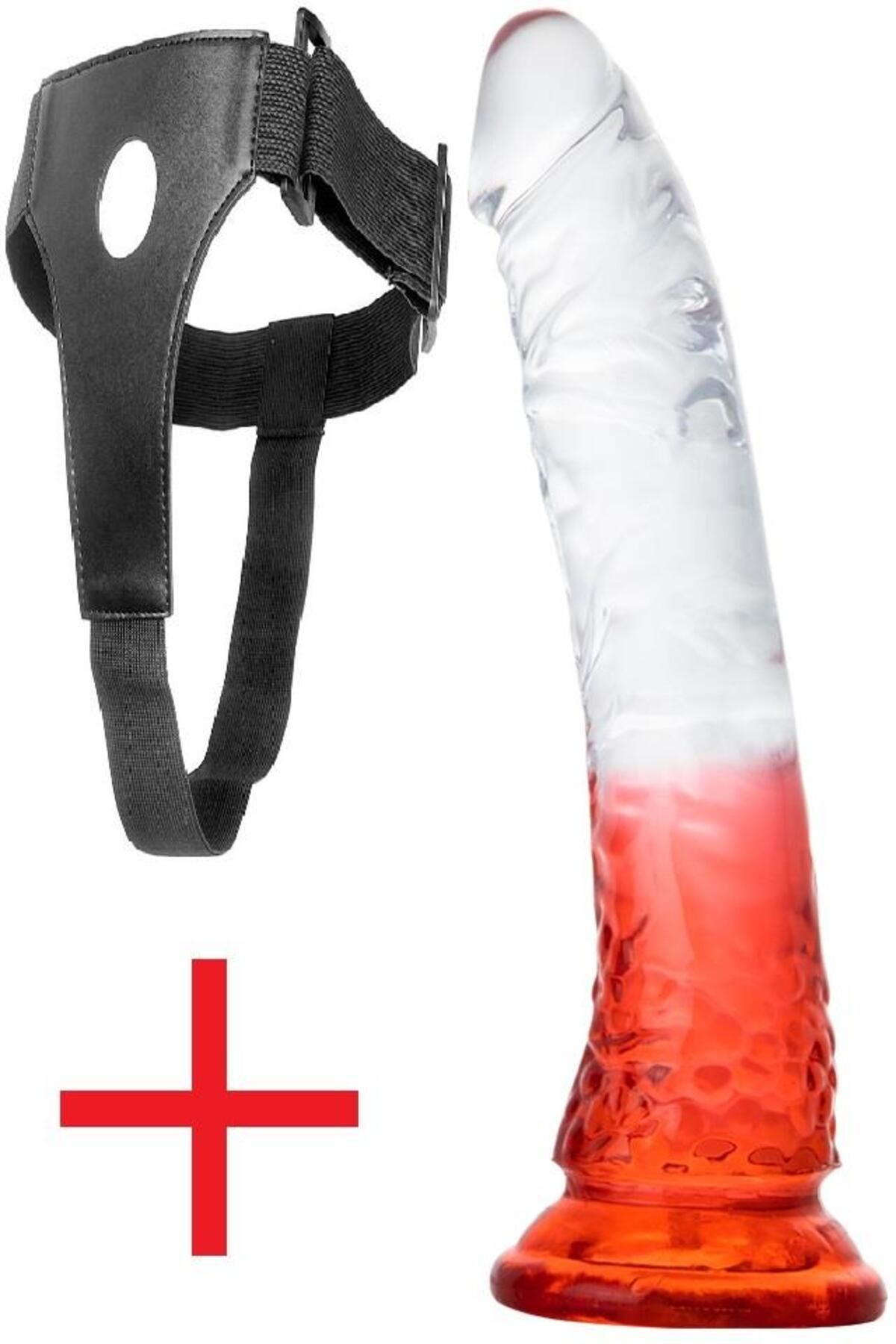 Yumuşak Şeffaf Kırmızı Jel Dokuda Kemerli 21 Cm Yumurtalıksız Belden Bağlamalı Vantuzlu Dildo