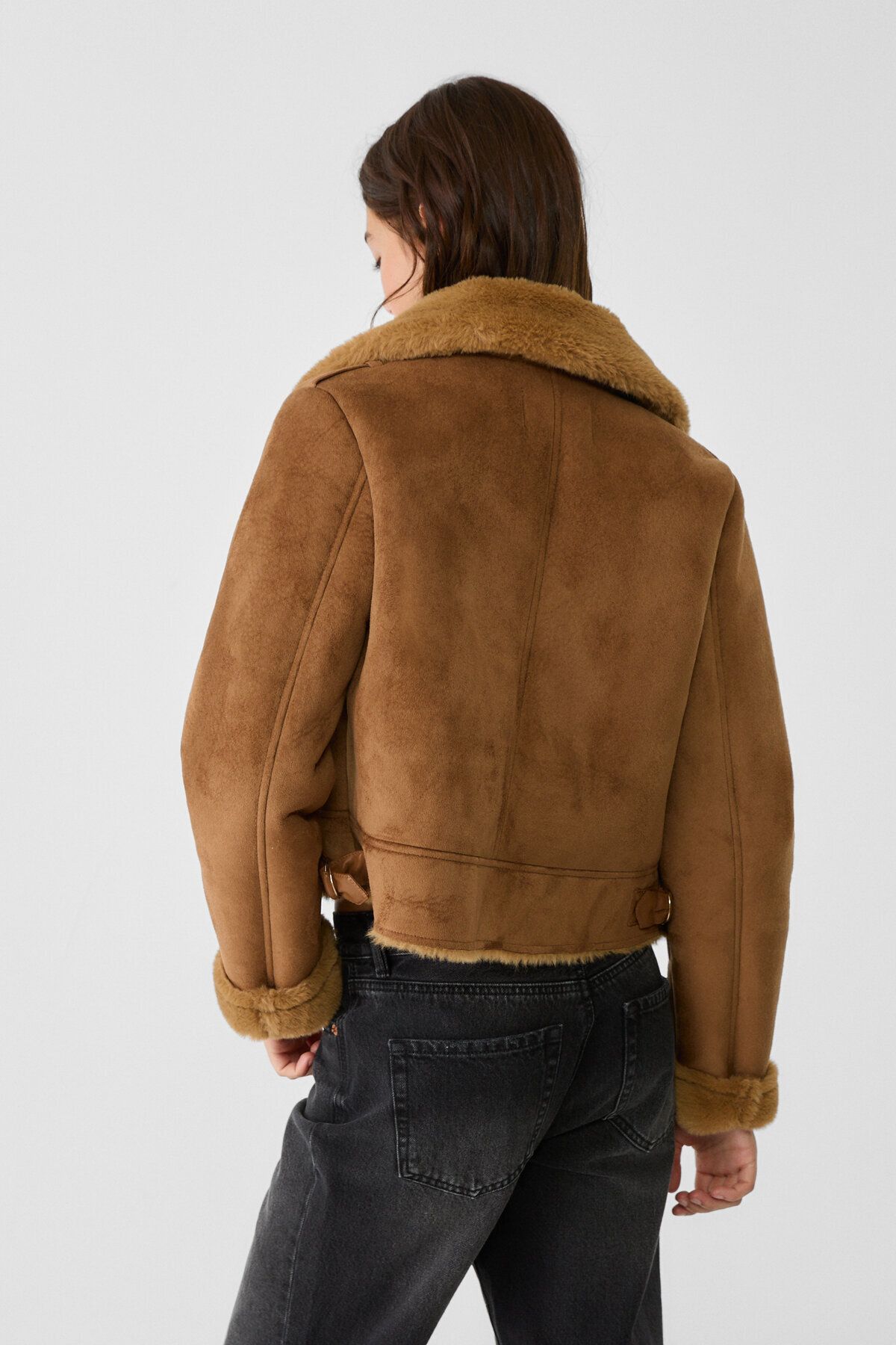 İçi Suni Kürklü Suni Süet Crop Biker Ceket