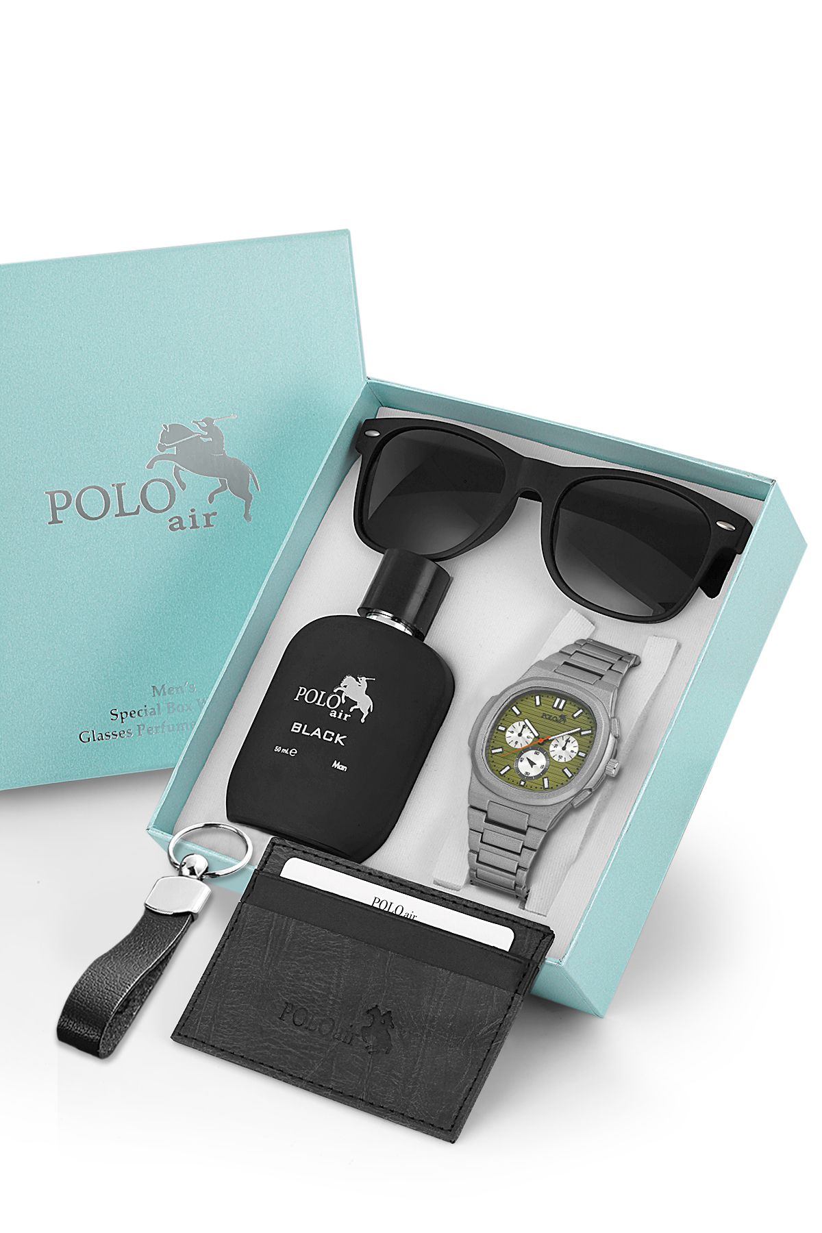 Polo Air Erkek Kol Saati Gözlük Parfüm Kartlık Anahtarlık Kombin Set Gümüş Yeşil Renk PL-0926E5