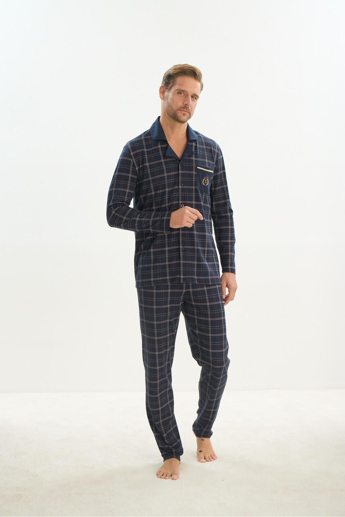 Sevim-Σετ ανδρικές πιτζάμες Navy Blue - Μακρύ μανίκι, γιακάς πουκάμισου, μπροστινό κουμπί C5T3N5O9 3