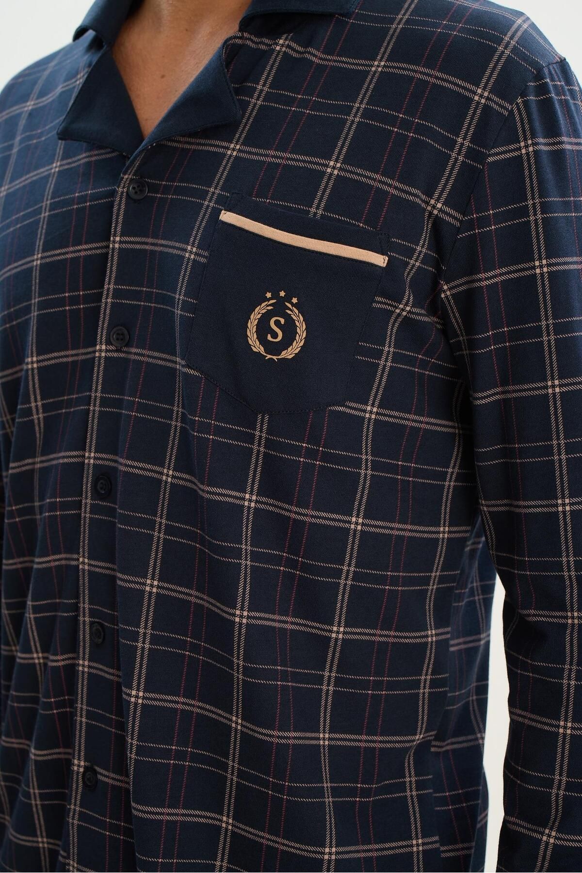 Sevim-Σετ ανδρικές πιτζάμες Navy Blue - Μακρύ μανίκι, γιακάς πουκάμισου, μπροστινό κουμπί C5T3N5O9 6