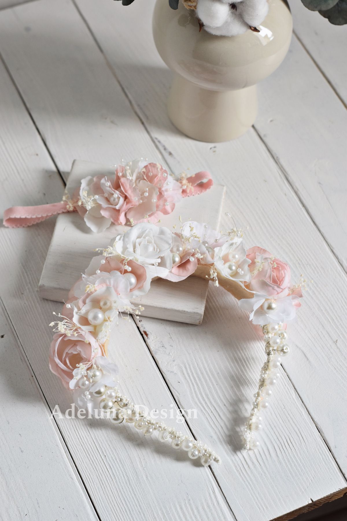 Tasarım Somon Incili ve çiçekli lohusa tacı anne bebek takım fotoğrafı 4 (önizleme)