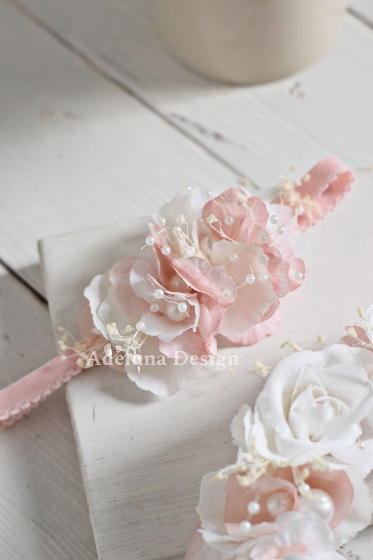 Tasarım Somon Incili ve çiçekli lohusa tacı anne bebek takım fotoğrafı 3 (önizleme)