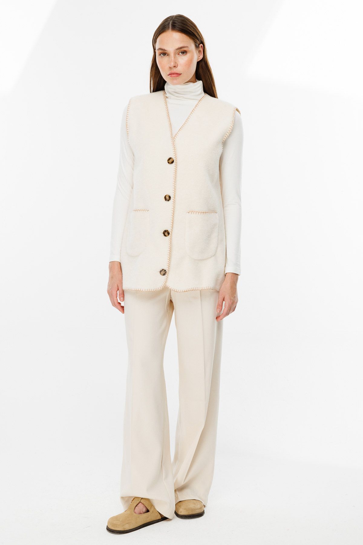 Hooopstore TIĞ İŞİ KIRIK BEYAZ KOVBOY YELEK