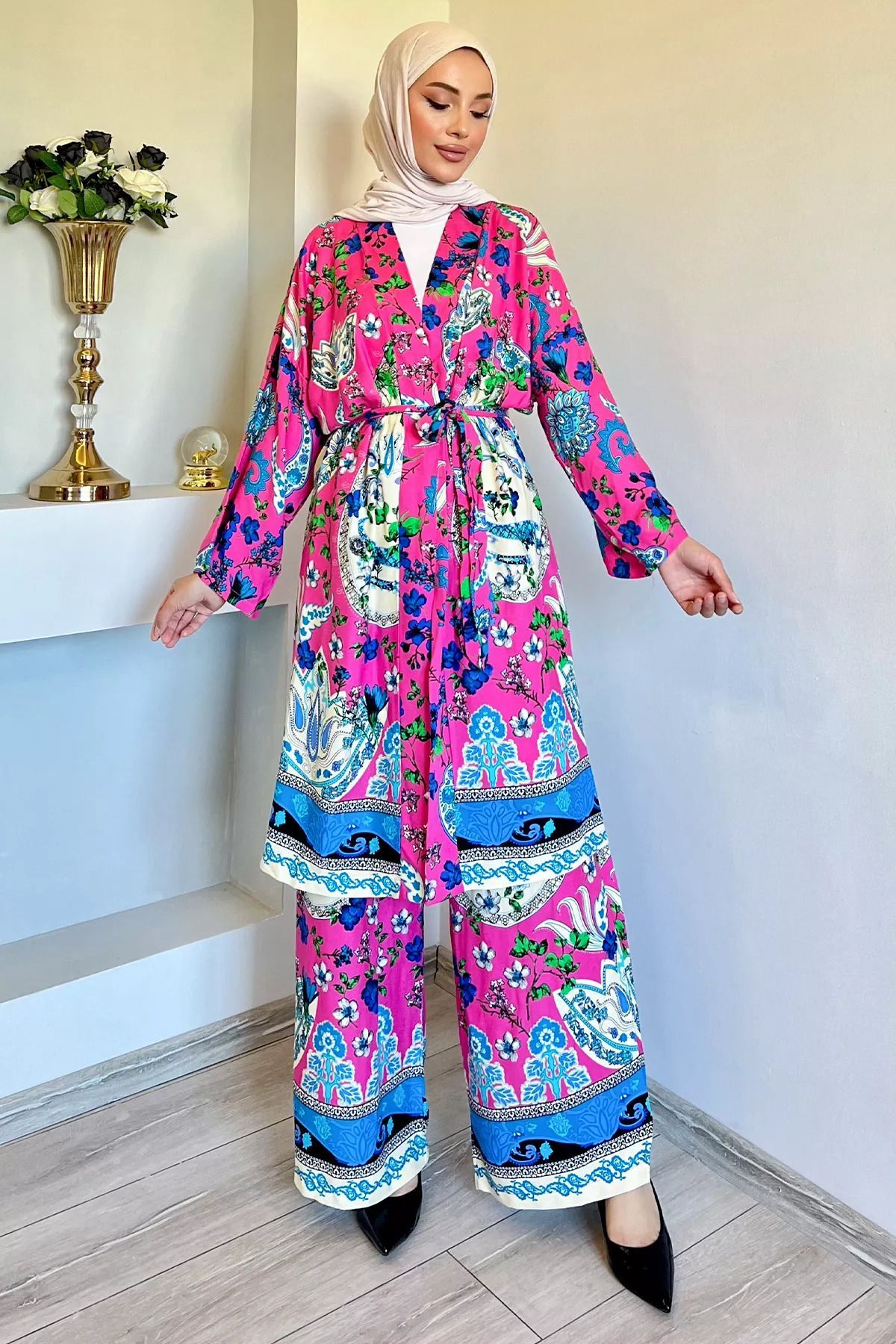 julude-Fuchsia Viscose Kimono and Hijab Set - Patterned Set of Two 6