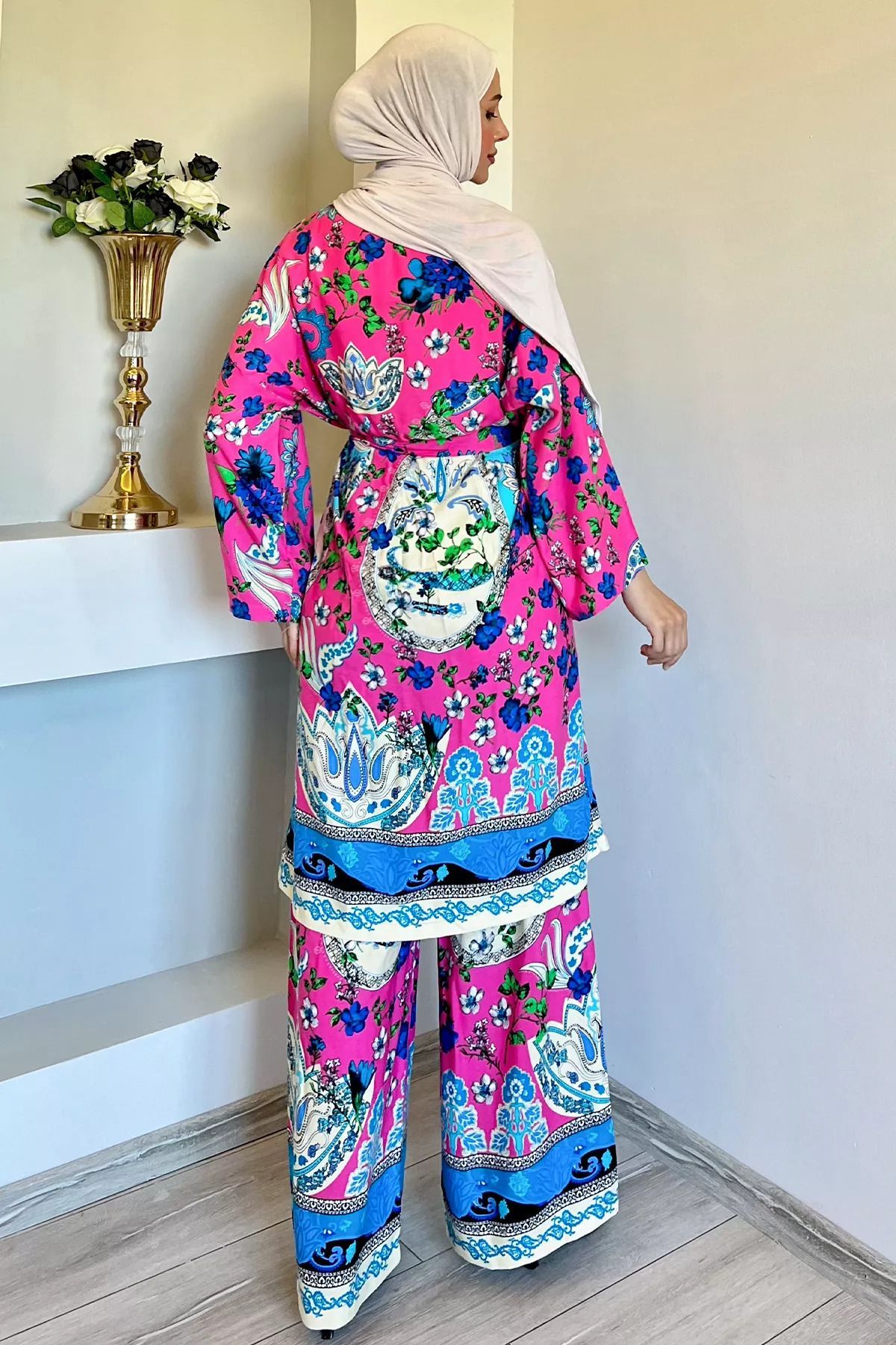 julude-Fuchsia Viscose Kimono and Hijab Set - Patterned Set of Two 8
