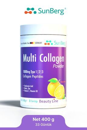 SunBerg Multi Collagen Powder- Multi Kolajen Toz 400 gr Tip 1, 2, 3, Hyaluron...