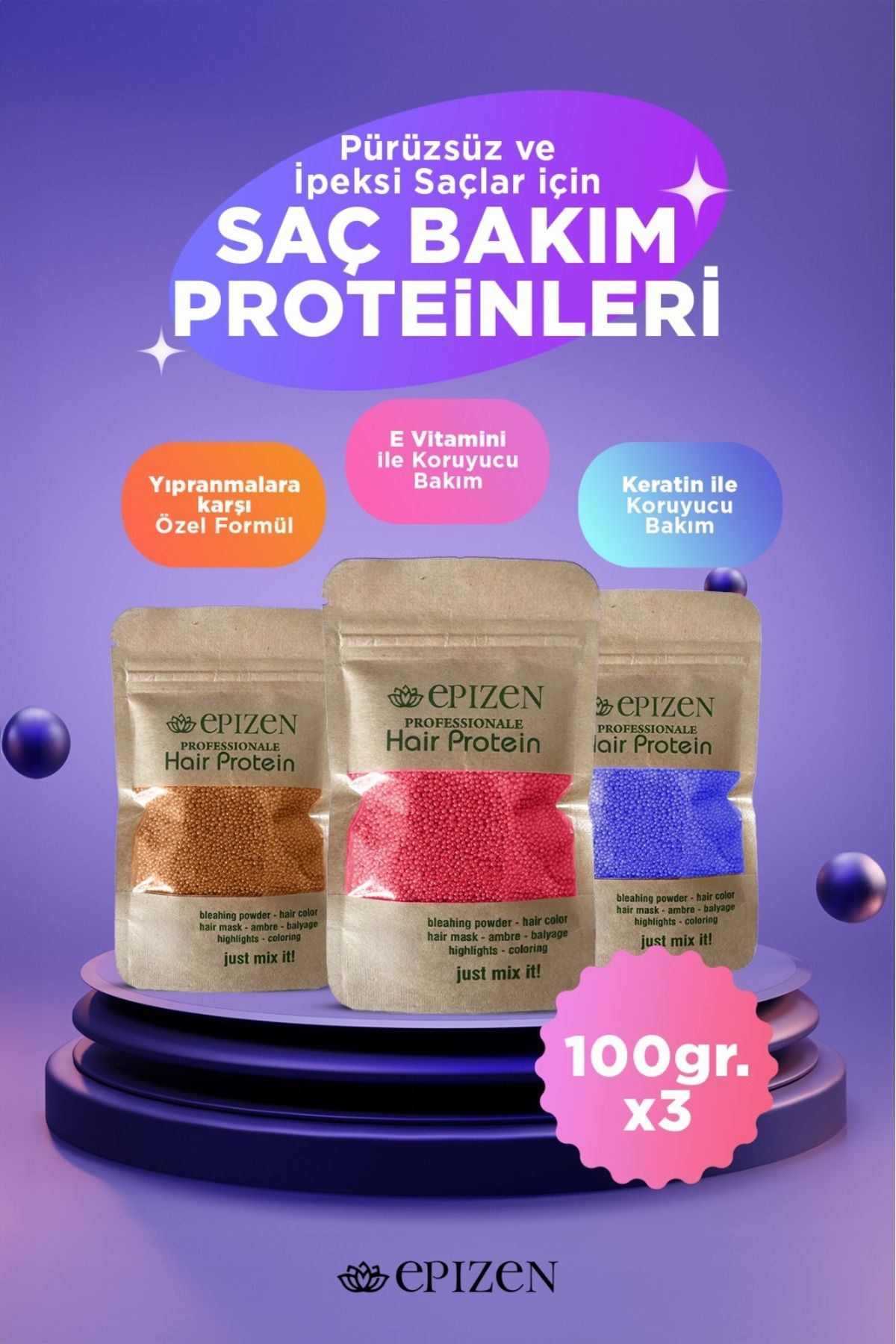 EPİZEN Vitaminli Kokulu Saç Bakım Proteini Seti - Yıpranmalara Karşı Özel Ürün 3x100gr