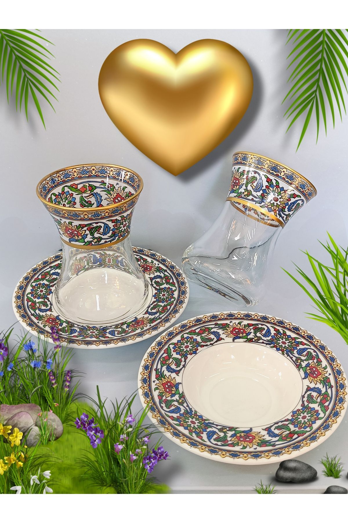 SAMSA-Gold China Patterned Model 2 Porcelain Plate 2 Thin Waisted Cups Set of 2 2