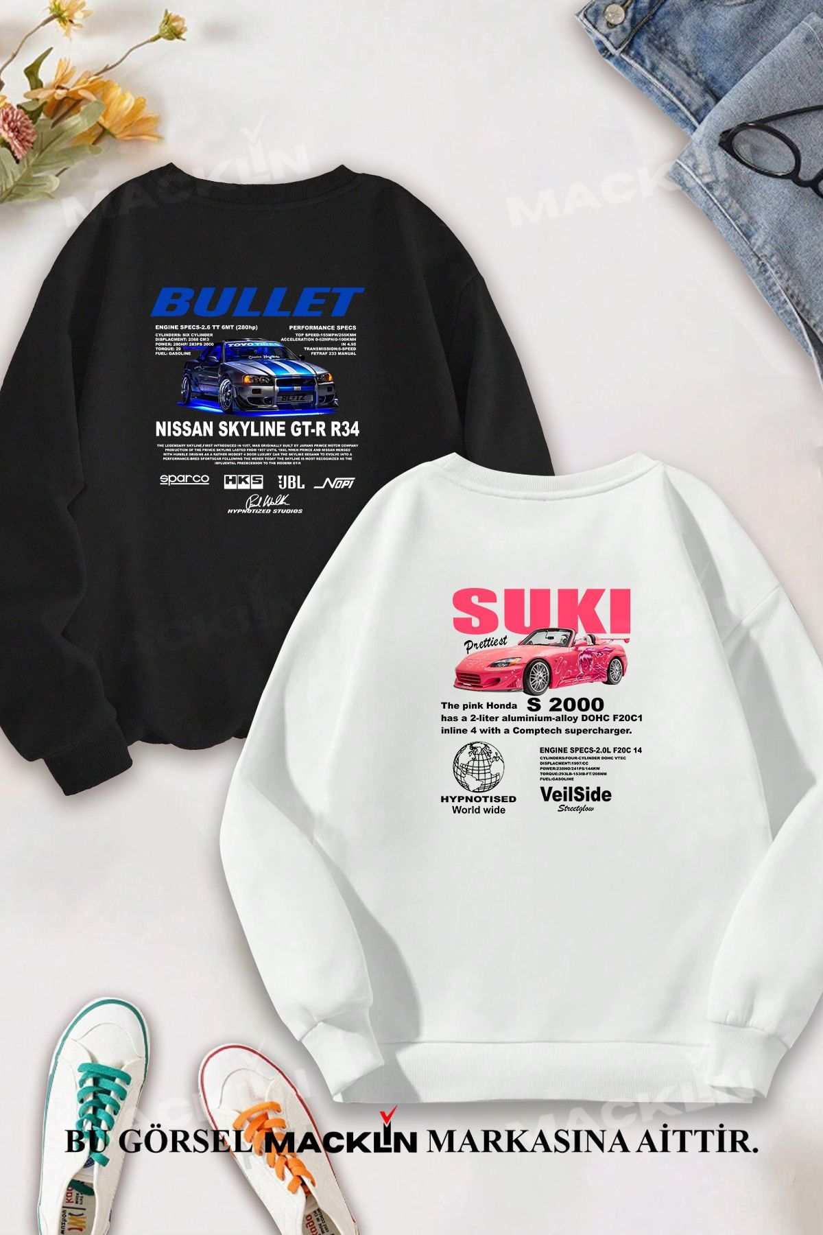 macklin Lover Couple Combination - Fast and Furious Bullet & Suki Back  Printed Crew Neck Sweatshirt Set- Trendyol