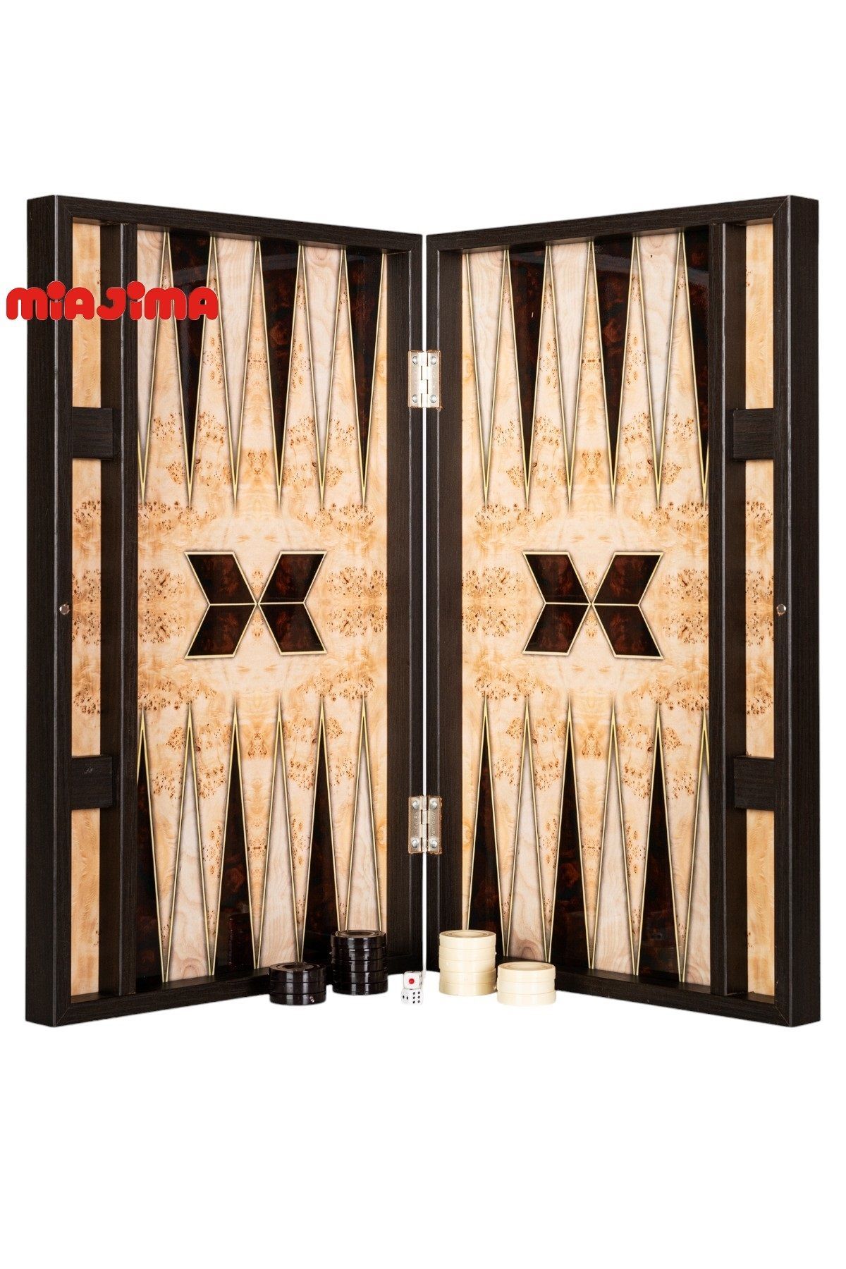 Miajima-Geometric Patterned Walnut Trendy Backgammon Set with Flake Tank Large Size 2