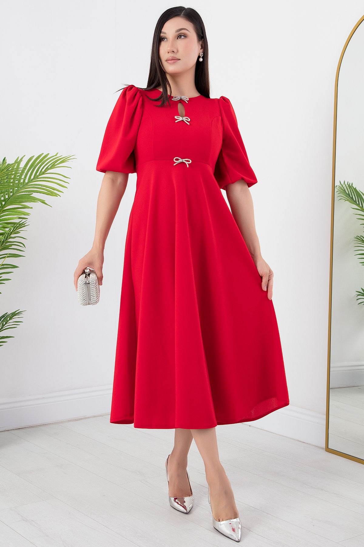 PULLIMM-Rochie creponată cu mâneci cu balon cu pietre la piept - GRS3578 3