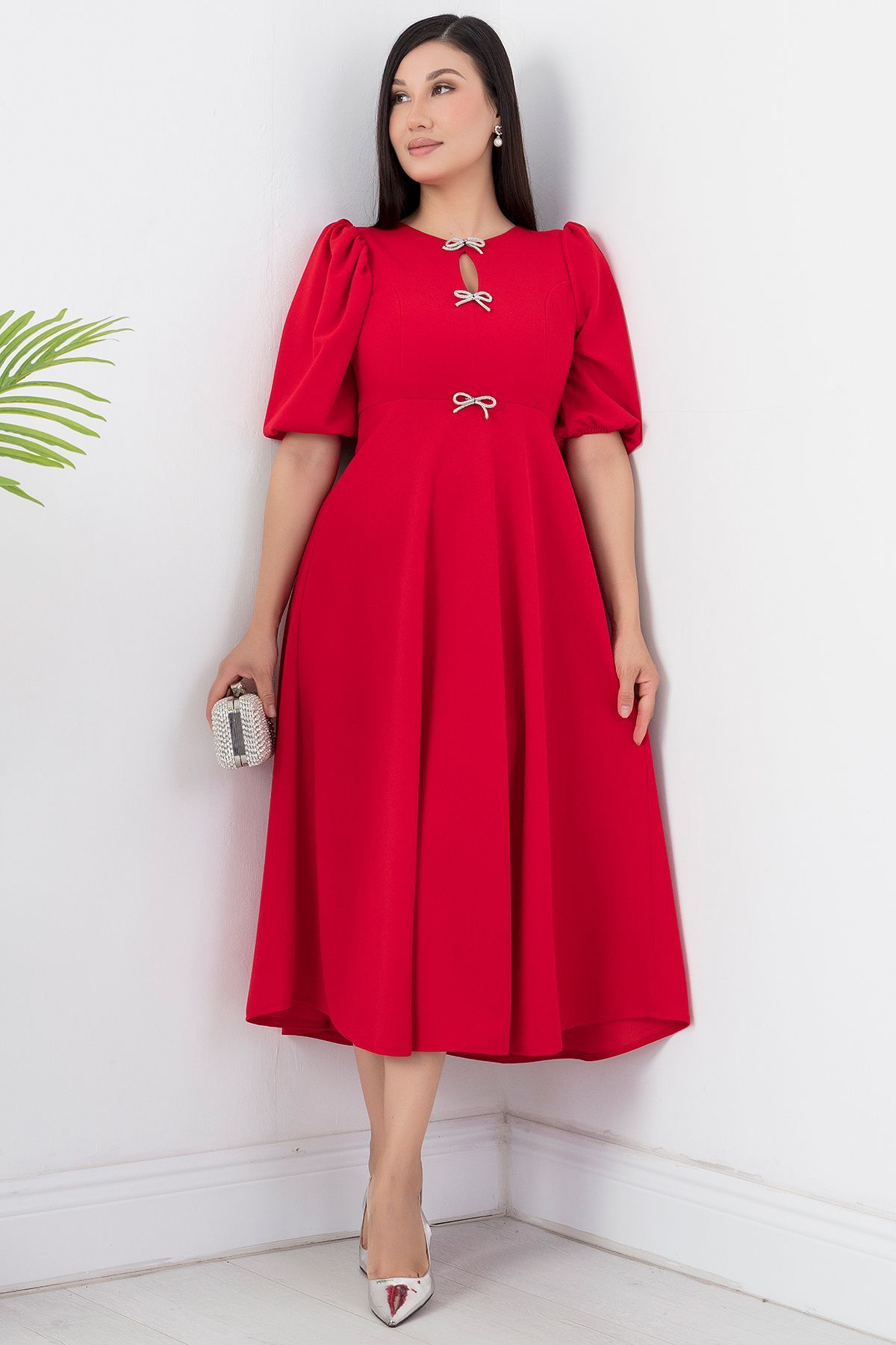 PULLIMM-Rochie creponată cu mâneci cu balon cu pietre la piept - GRS3578 5