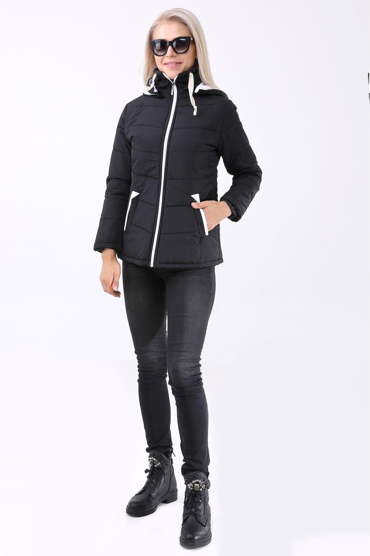 1tarz  Günlük Kısa Şık Kapüşonlu Kışlık Kadın Şişme MontSu İtici Rüzgar Geçirmez - Görsel 5