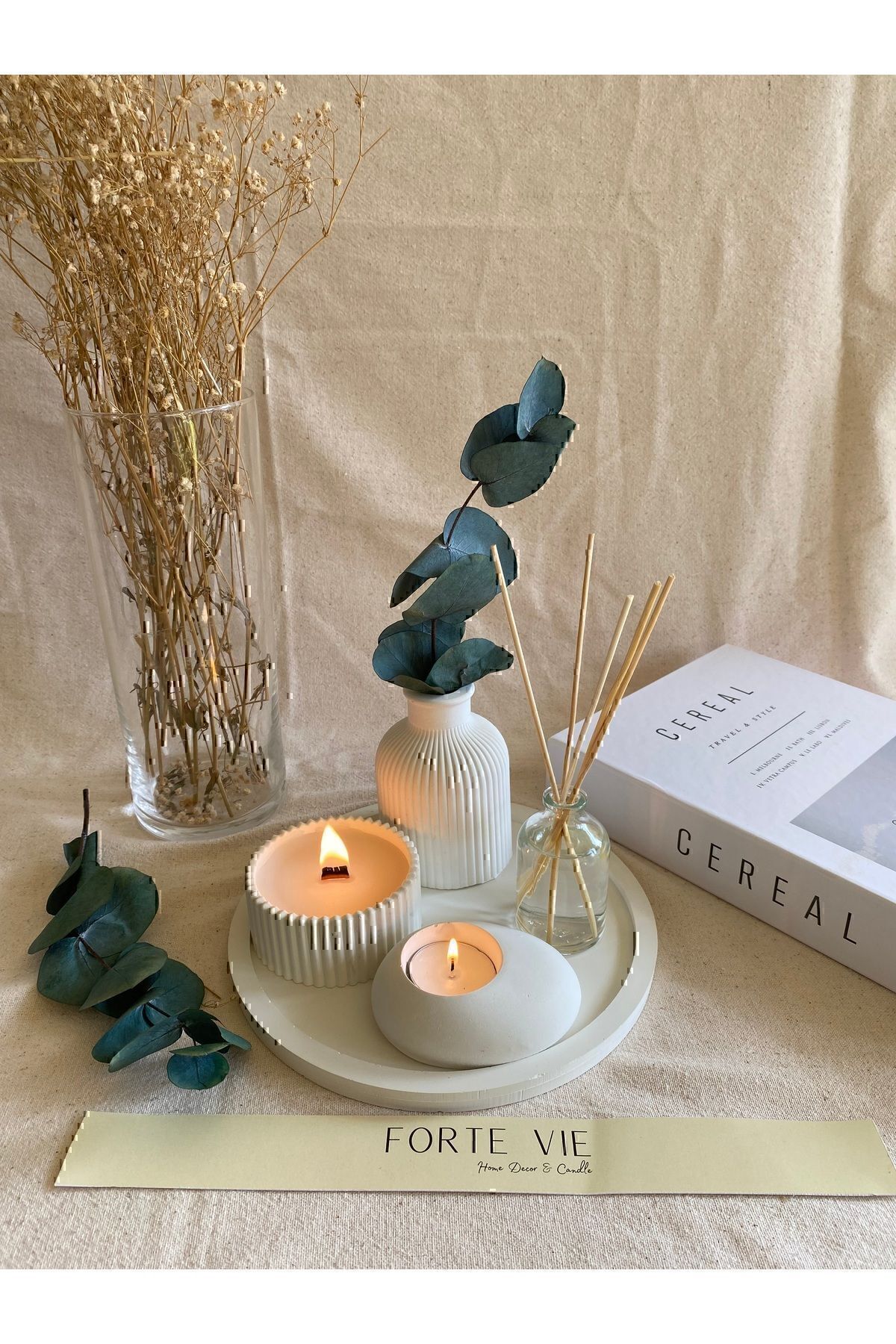 Dekoratif Tepside 5 Li Set Çizgili Vazo, Vanilya Koku Ahşap Fitil Mum, Tealight Mumluk, Oda Koku