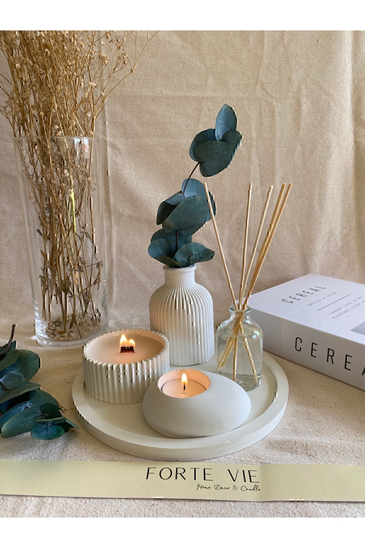 Dekoratif Tepside 5 Li Set Çizgili Vazo, Vanilya Koku Ahşap Fitil Mum, Tealight Mumluk, Oda Koku
