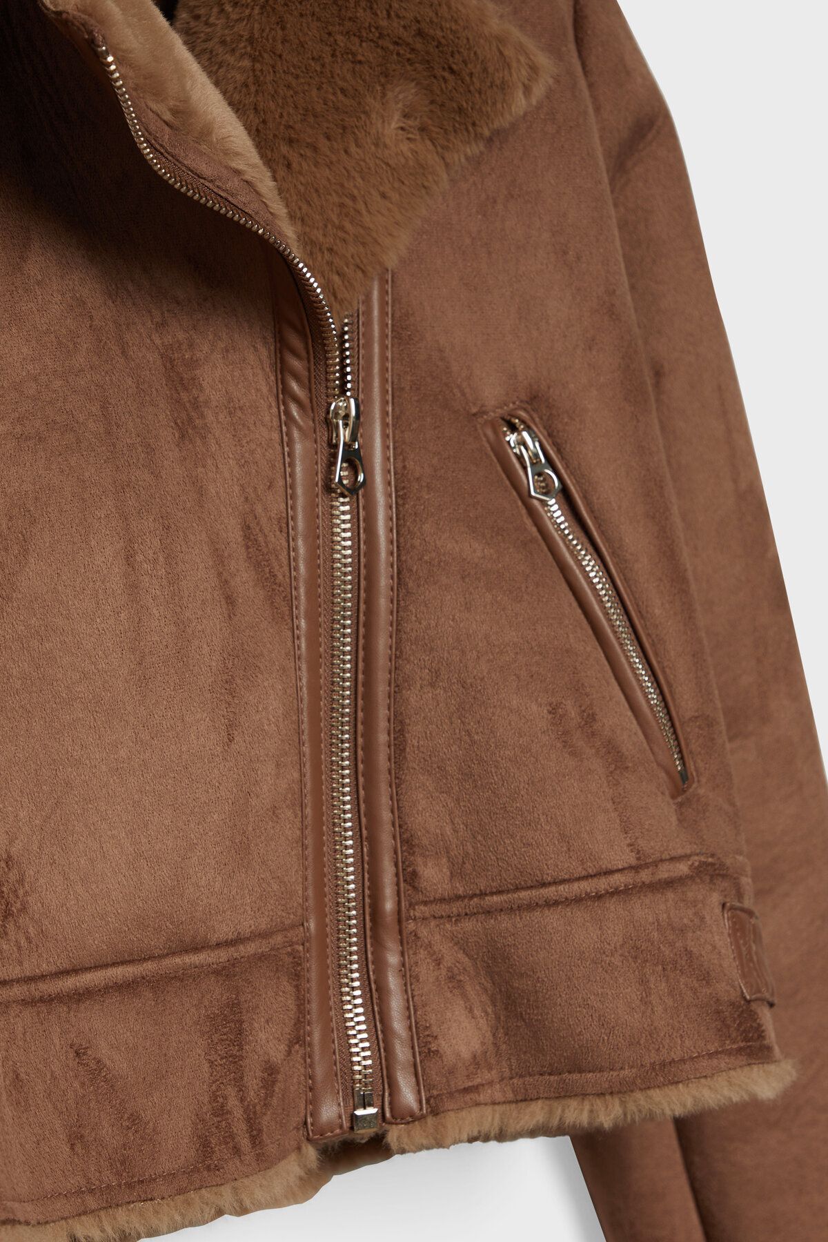 İçi Suni Kürklü Suni Süet Crop Biker Ceket