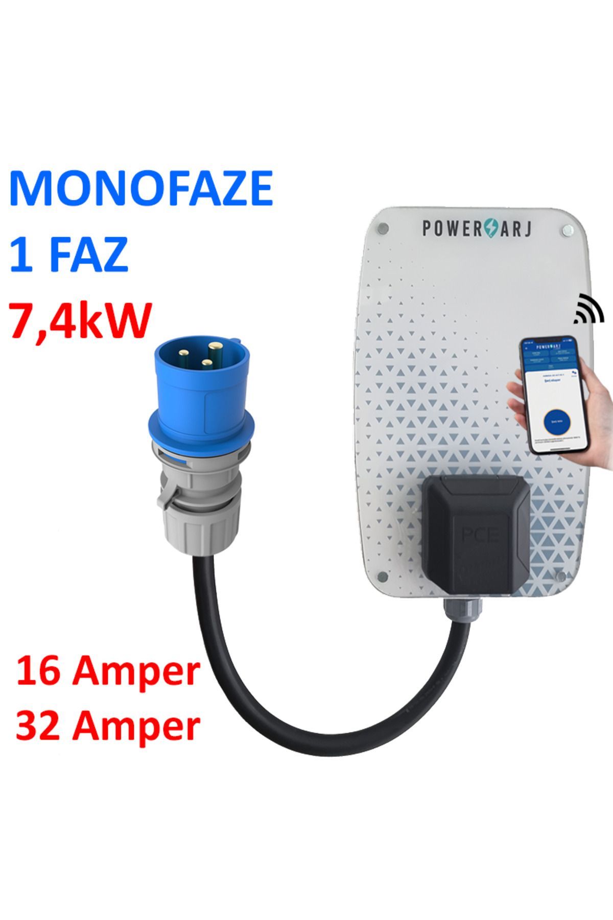 Powerşarj Monafaze, 1 Faz, 220V, 7,4kW - 5kW - 3,7kW - 32A kadar yarlanabilir Elektrikli Araç Şarj İstasyonu