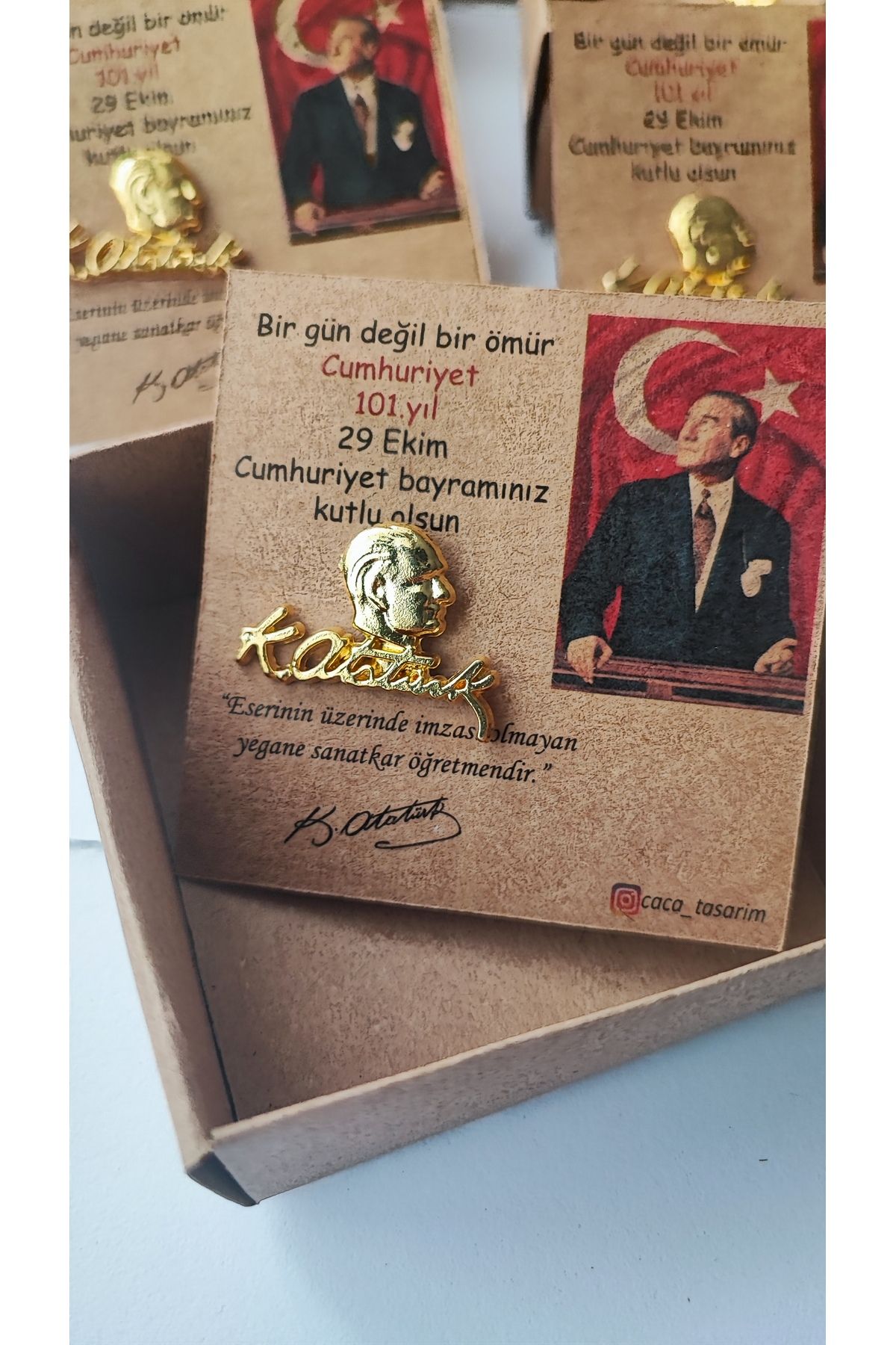 Atatürk Portrait and Signed Badge Metal Gold 2-Piece Set 29 October Republic Day with Card and Box
