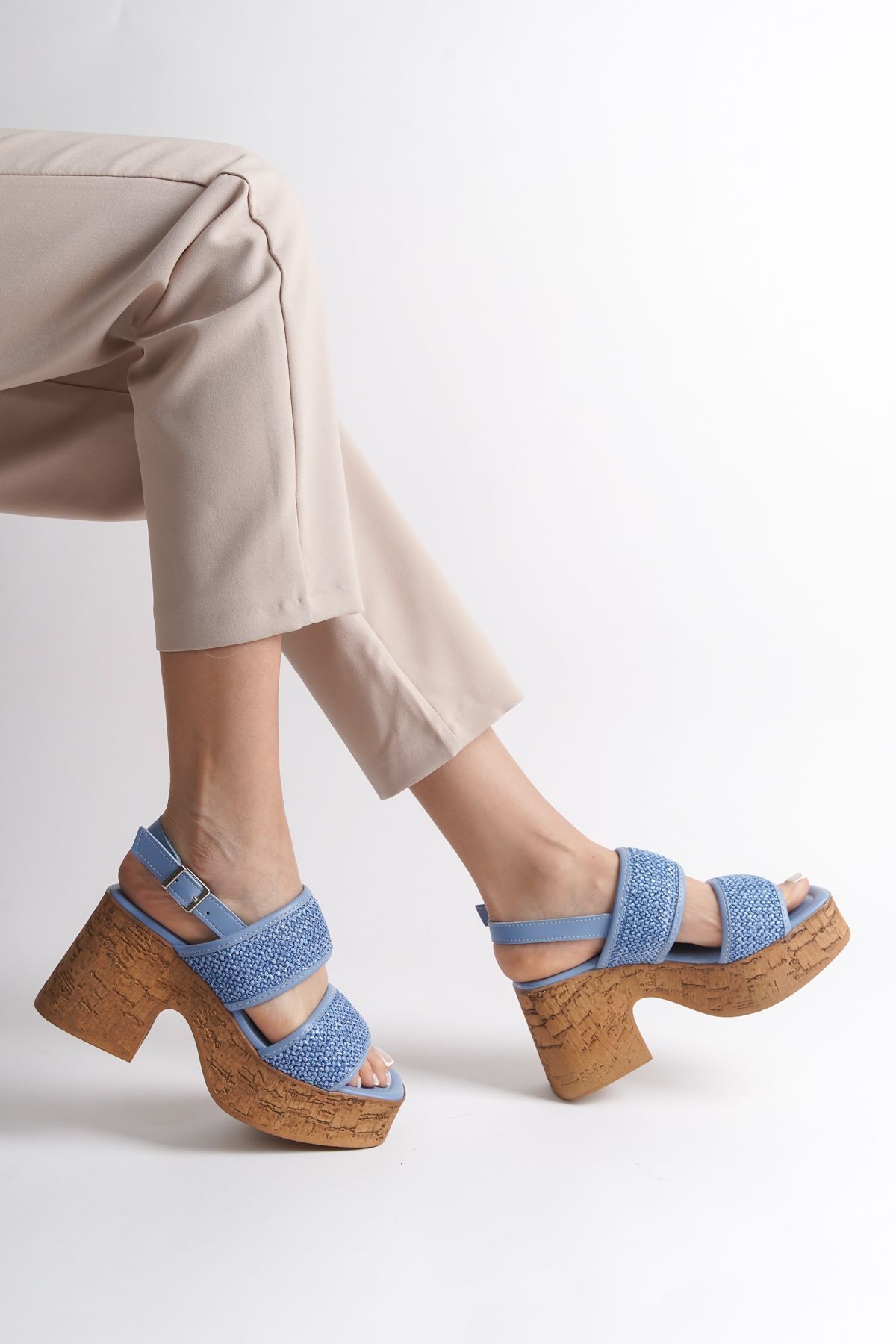 صندل آبی زنانه دمپایی دو باند حصیری مبتنی بر سکوی قارچ Capone Outfitters