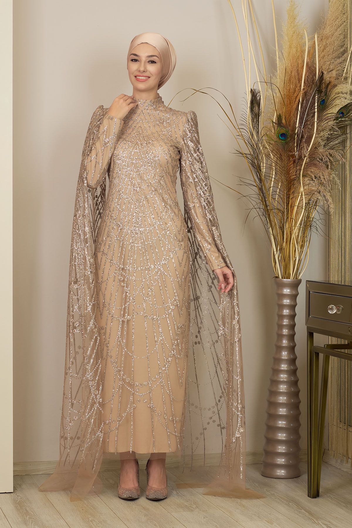 piennar modest evening dress product info and reviews PENNAR Icon Evening Dress with Tulle Detail on the Shoulders and Waist- Trendyol