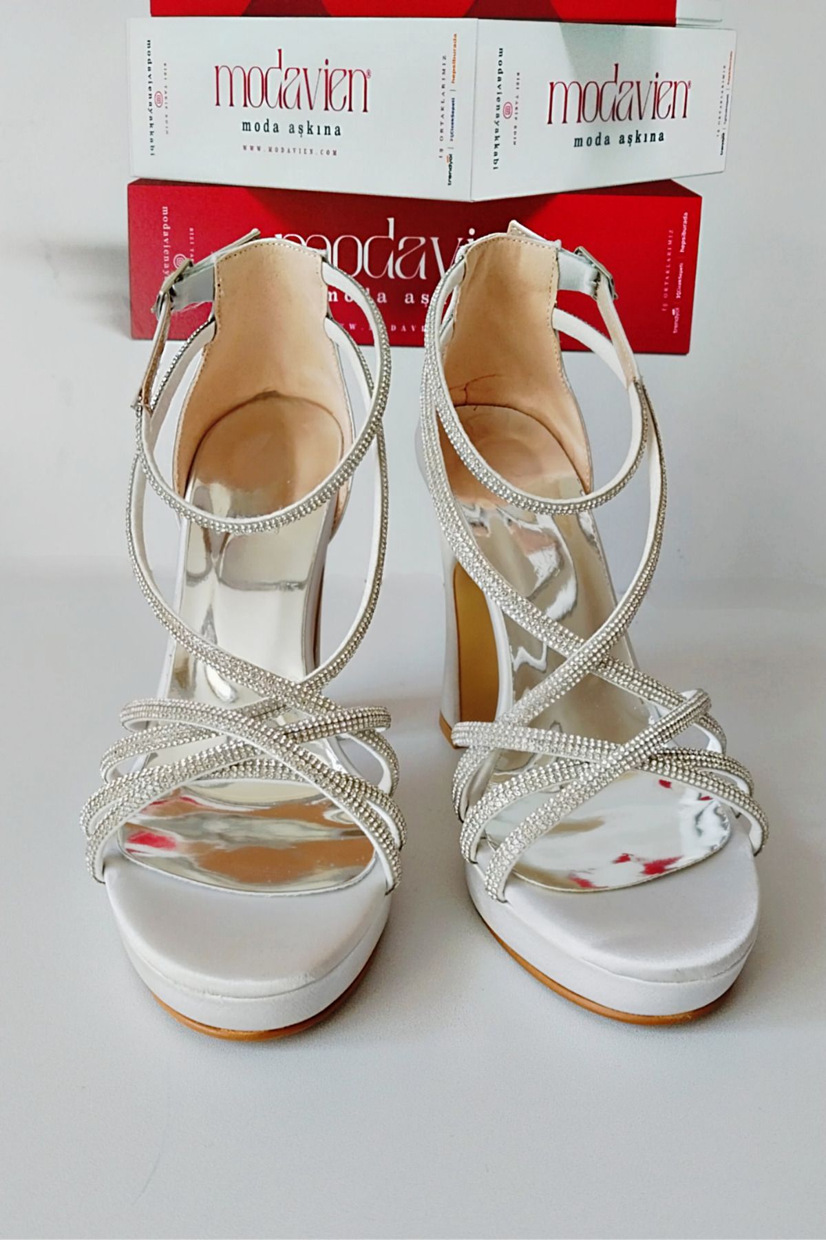 Modavien-Pantofi de dama argintii 10 cm satin stone cu platforma 3