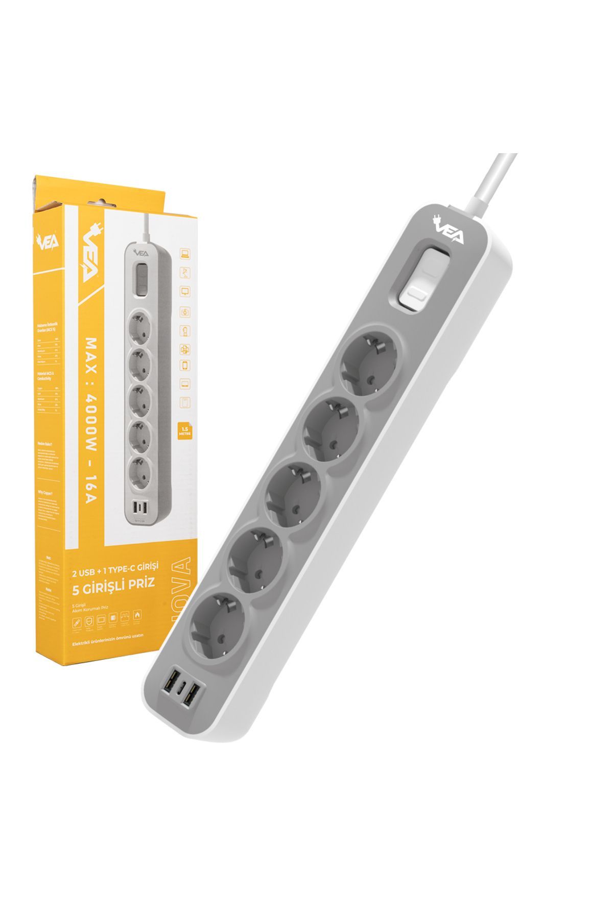 VEA-Ve-nova105u A Class 5pcs with 2 USB Switches 1.5 Meter Current Protected Group Socket (MADE IN MALAYSIA) 5
