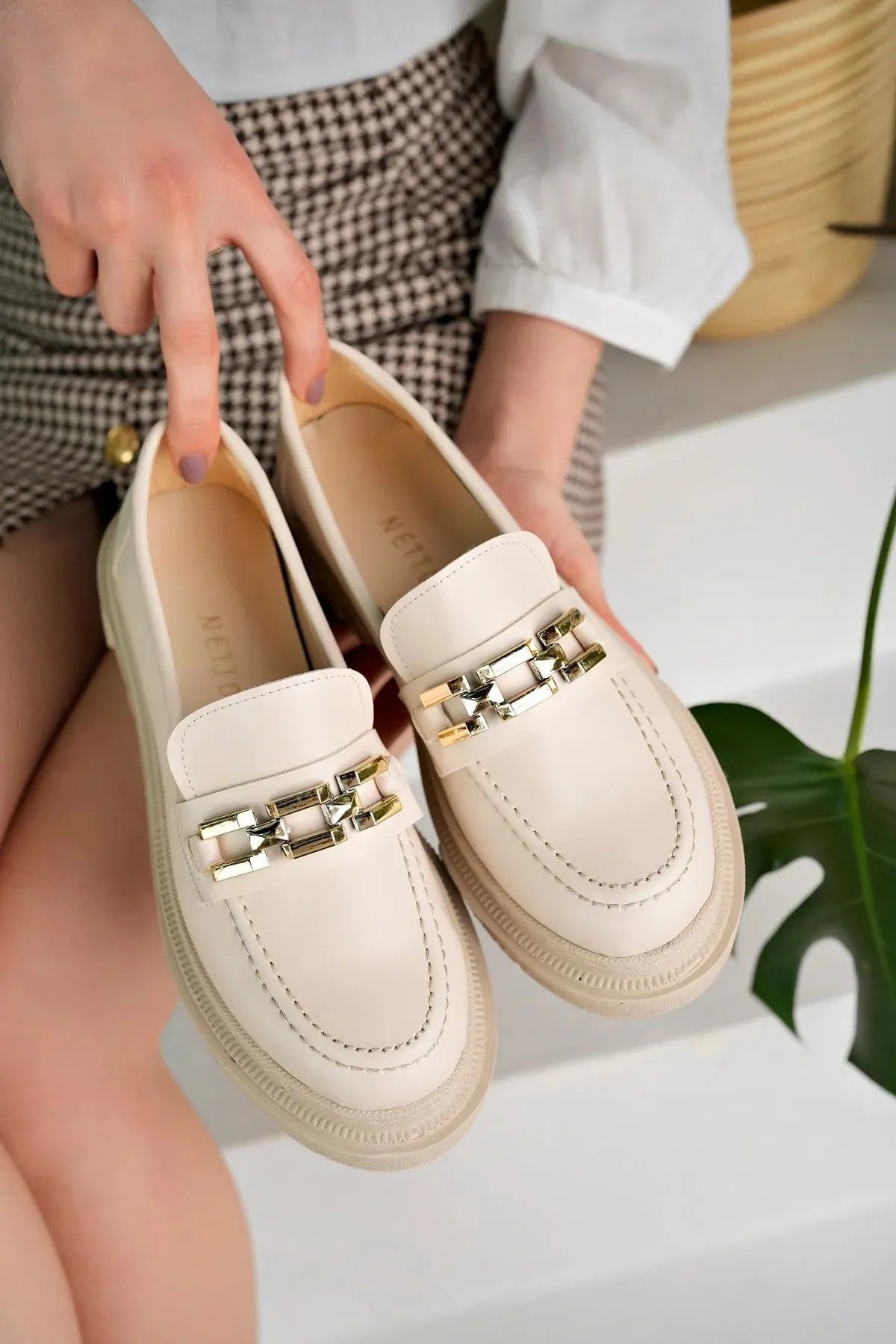simethrift Loafer Clasic Pentru Femei - Talpă Groasă, Cataramă Din Paie, Pantofi Cu Vârf Oval Femeie - 39