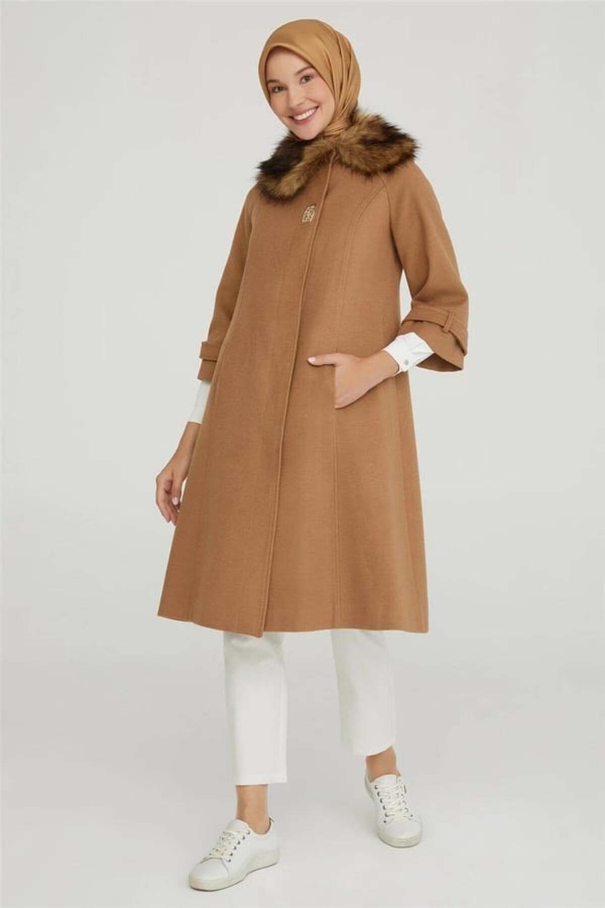 پالتو کشمیر یقه خز شیک 22KT750 CAMEL Armine