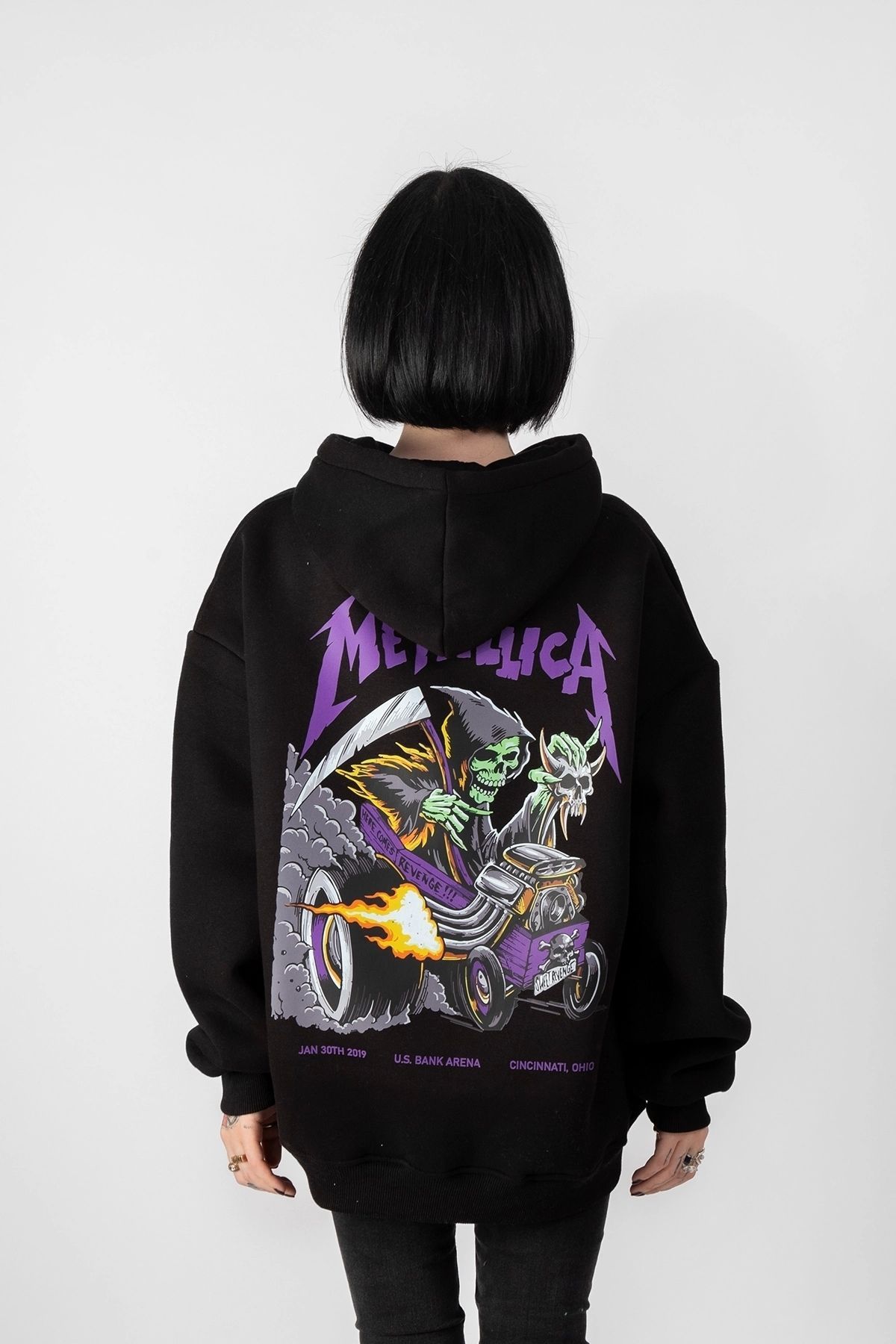 Sekizbiralt Metallica Mor S rt Bask l Siyah Oversize Kapu onlu Sweatshirt Fiyat Yorumlar Trendyol