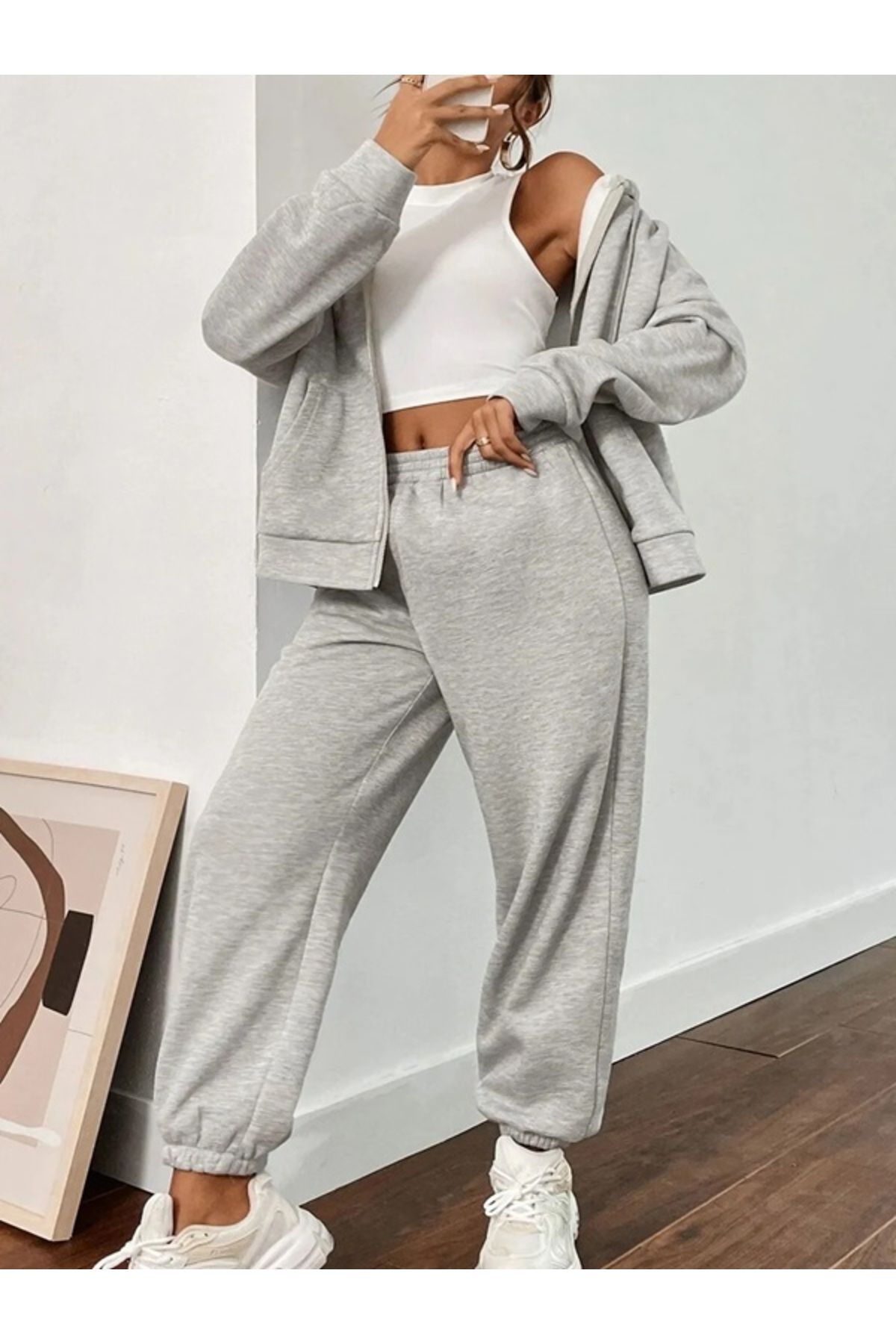 EXPECTED Γκρι γυναικεία αθλητική φόρμα με φερμουάρ - Ζακέτα και τοπ σετ