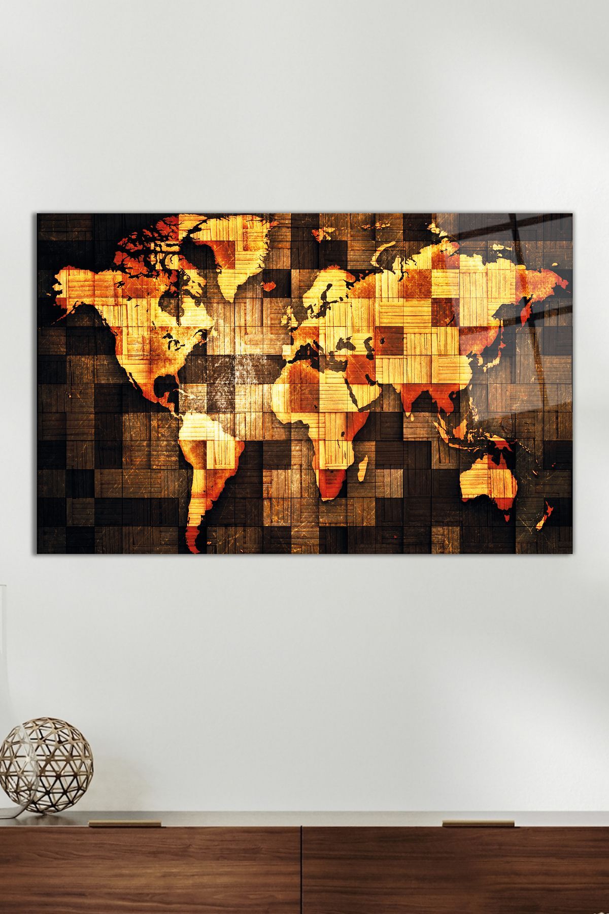 Wood Pattern World Map Glass Table, Modern Home Decor, Gift Wall Decoration, Tempered Glass