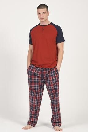 Erkek Kırmızı Lacivert Büyük Beden Yazlık Pijama Takımı Ekose Desenli Cepli pijama_38219A_dofi_otarzsenin