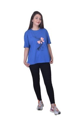 %100 Pamuk Penye Mavi Oversize T-shirt WCTP1