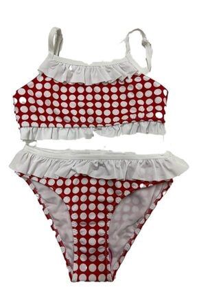 Beyaz Puantiyeli Püsküllü Kırmızı Kız Çocuk Bikini Takımı DFX455754