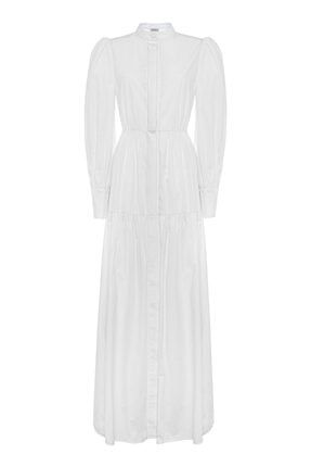 Kadın Uzun Kol Maksi Beyaz Gömlek Elbise Y21001