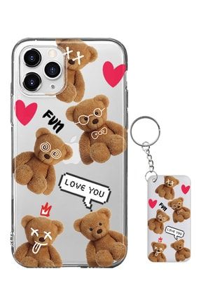 Iphone 11 Pro Max Teddy Bear Love You Desenli Silikon Kılıf - Anahtarlık Hediye ESCVR-SFF1-12