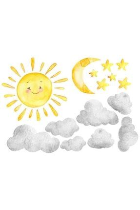 Suluboya Güneş Bulutlar Yıldızlar Ve Ay Duvar Sticker Seti KTS7281272