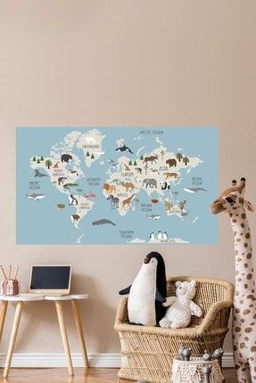 Eğitici Dünya Haritası Ve Hayvan Figürleri Duvar Sticker KTM8890153